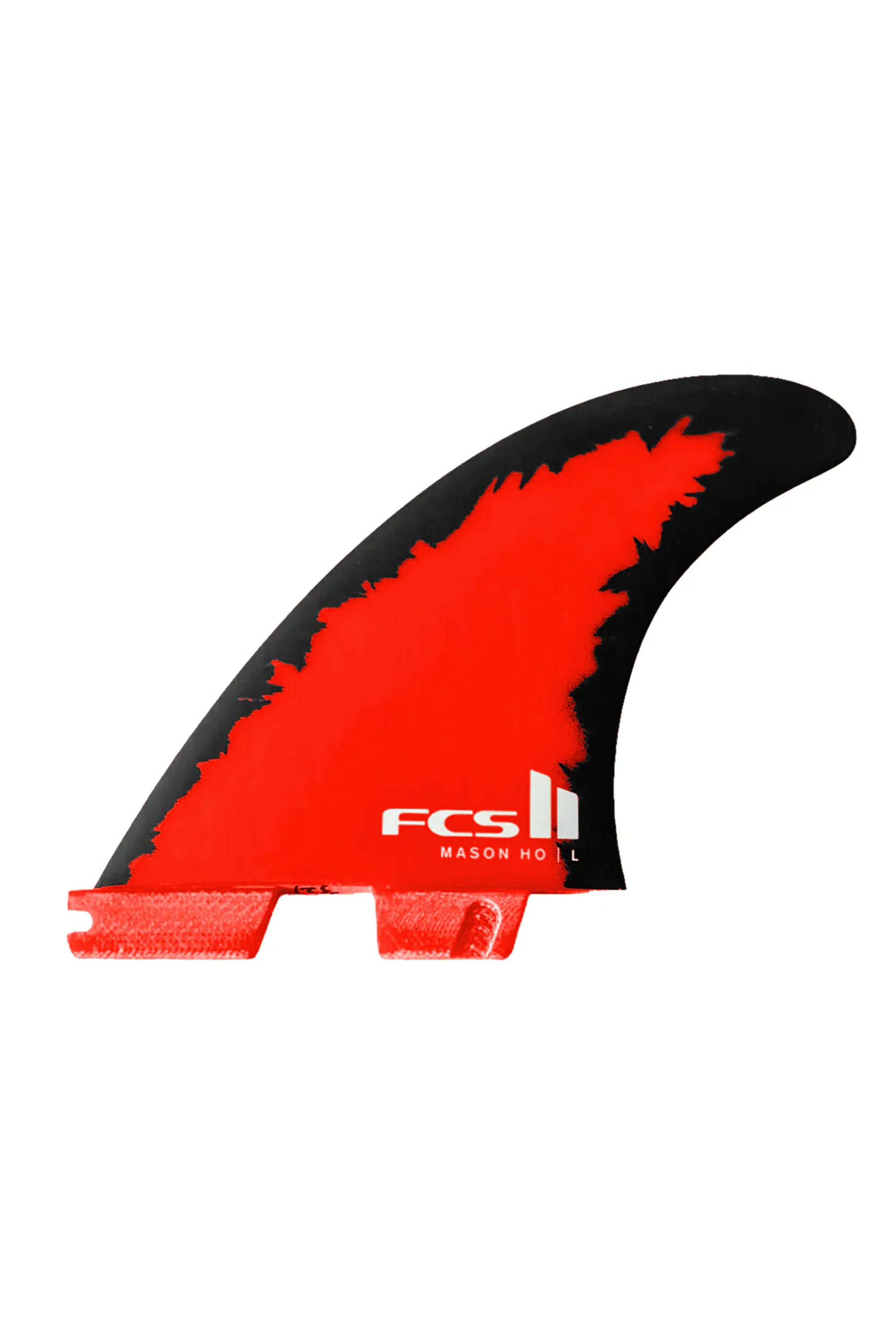 Red and black surf fin with FCS logo on a white background
