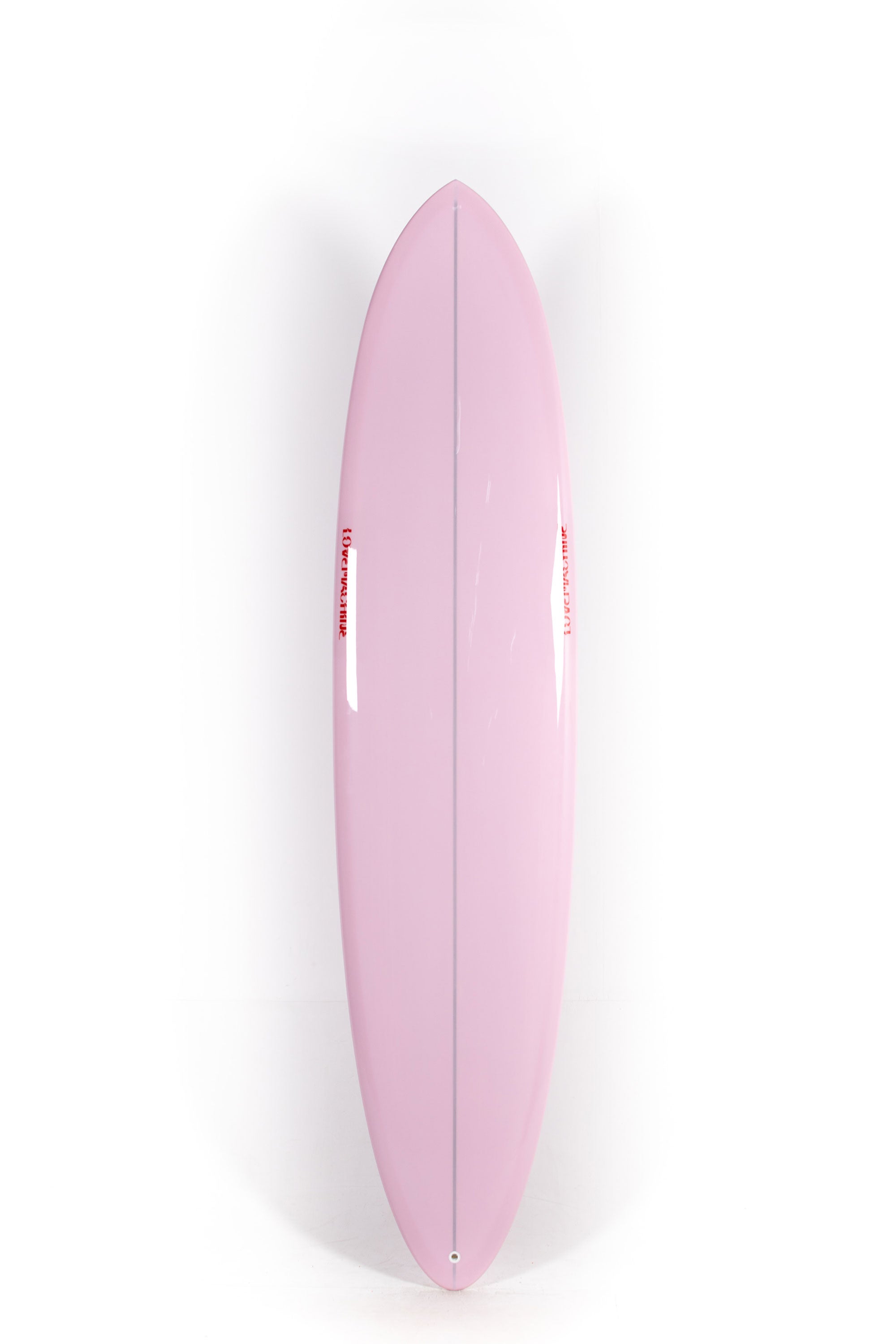 Pink Lovemachine FM surfboard with red logos size 8'1" at Happylifeshops
