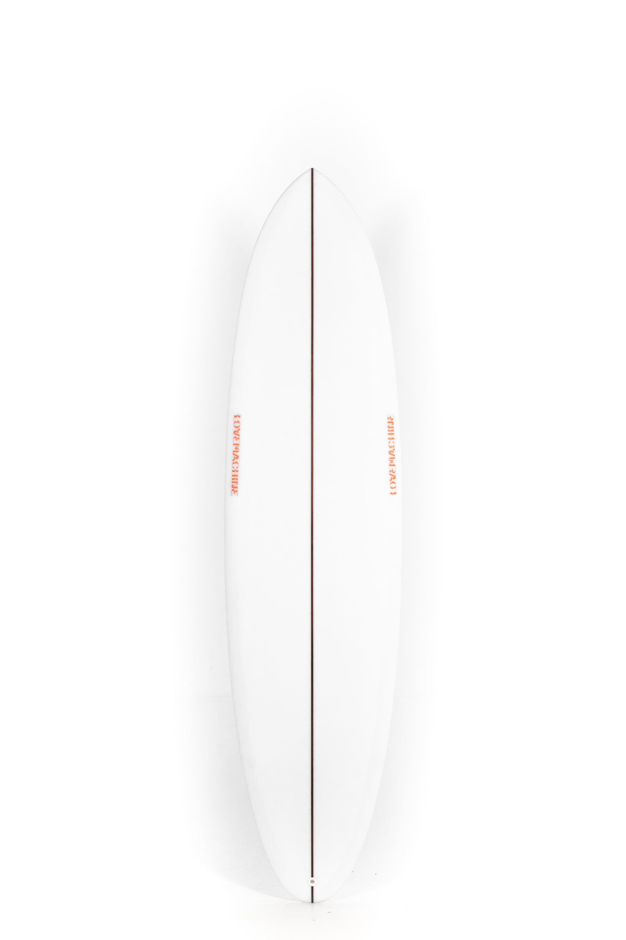 White Lovemachine FM Surfboard with orange logos size 7'4" at Happylifeshops