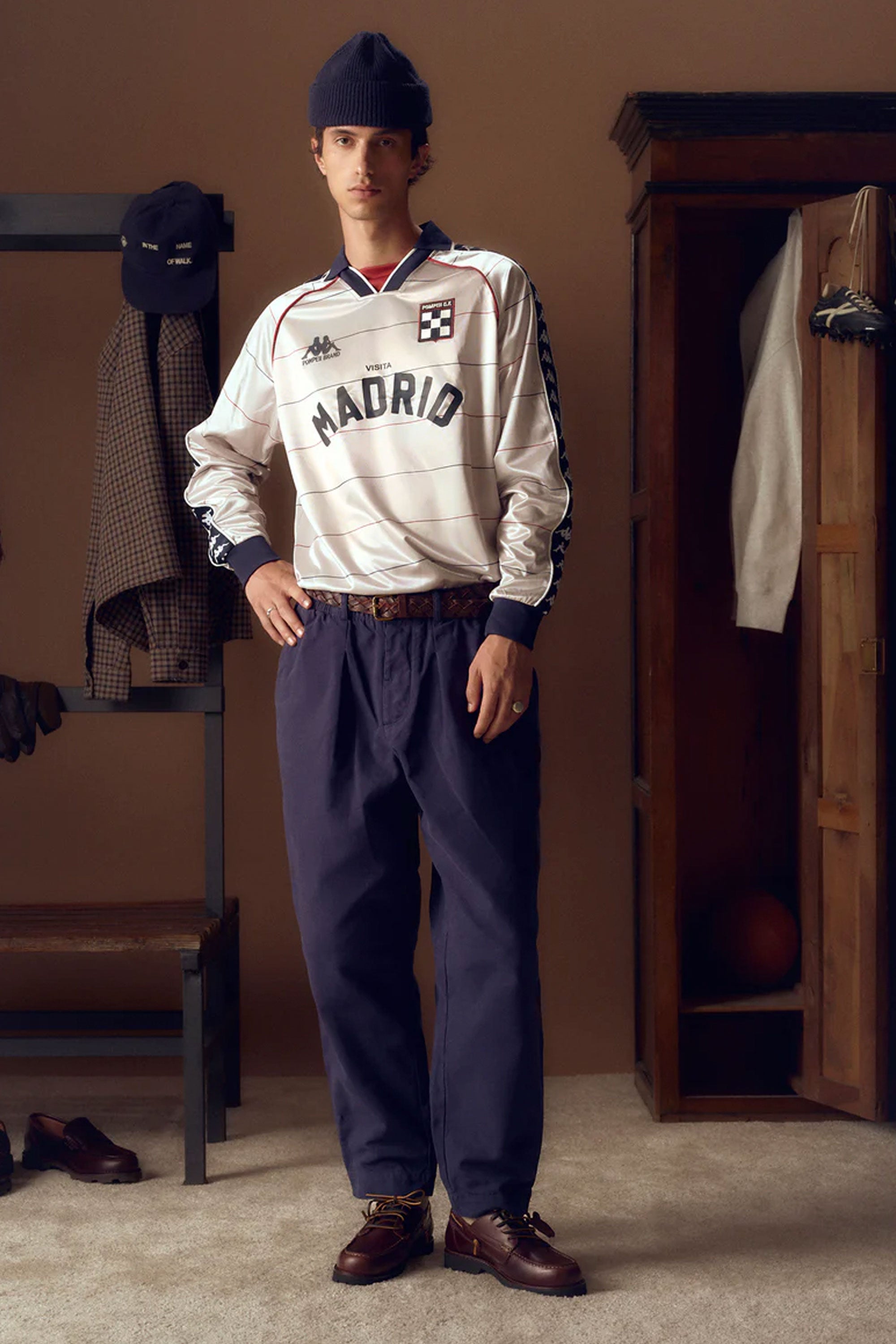 Person wearing a vintage Madrid sports jersey with Pompeii leather shoes Happylifeshops