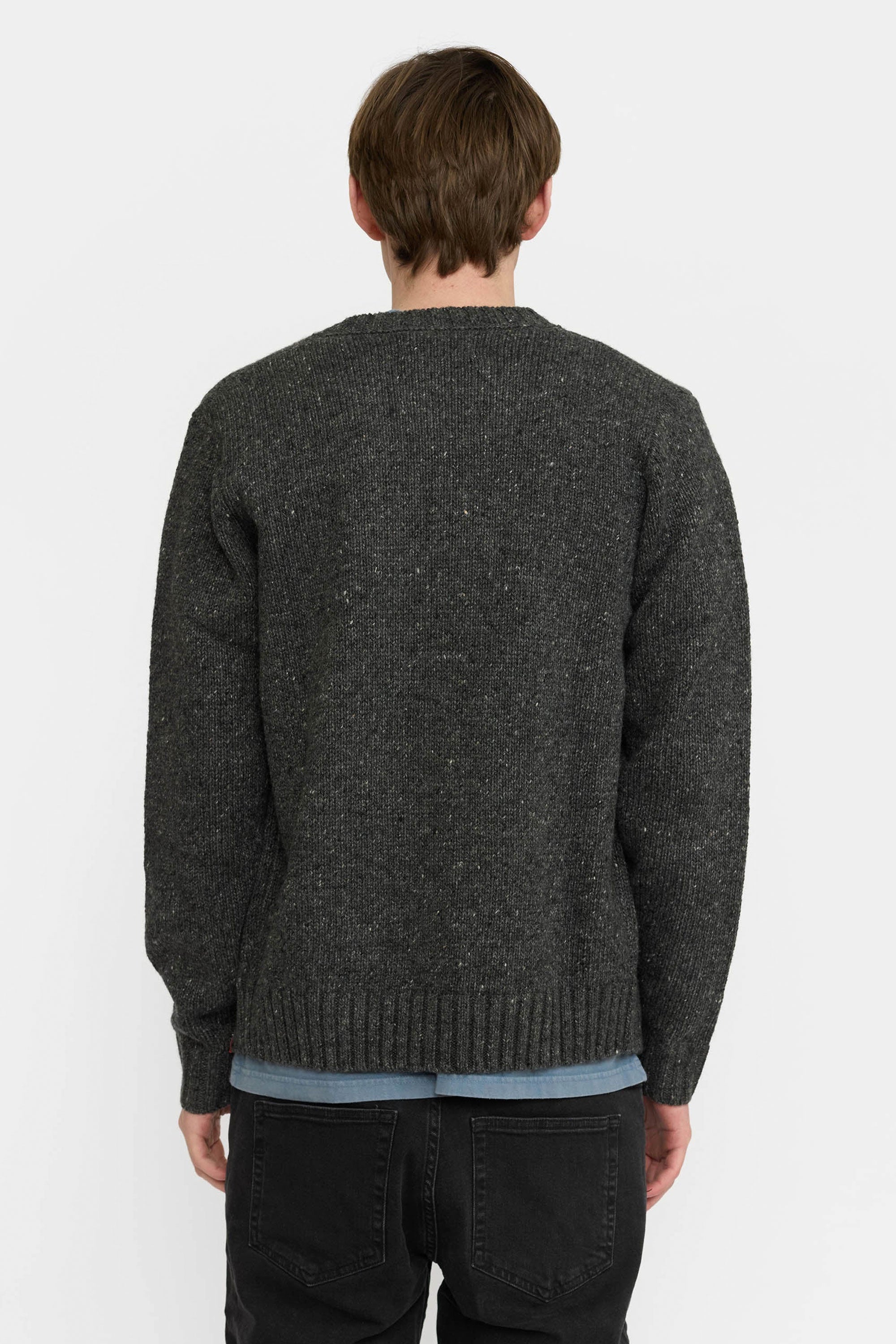 Revolution dark gray cardigan over a blue shirt Happylifeshops