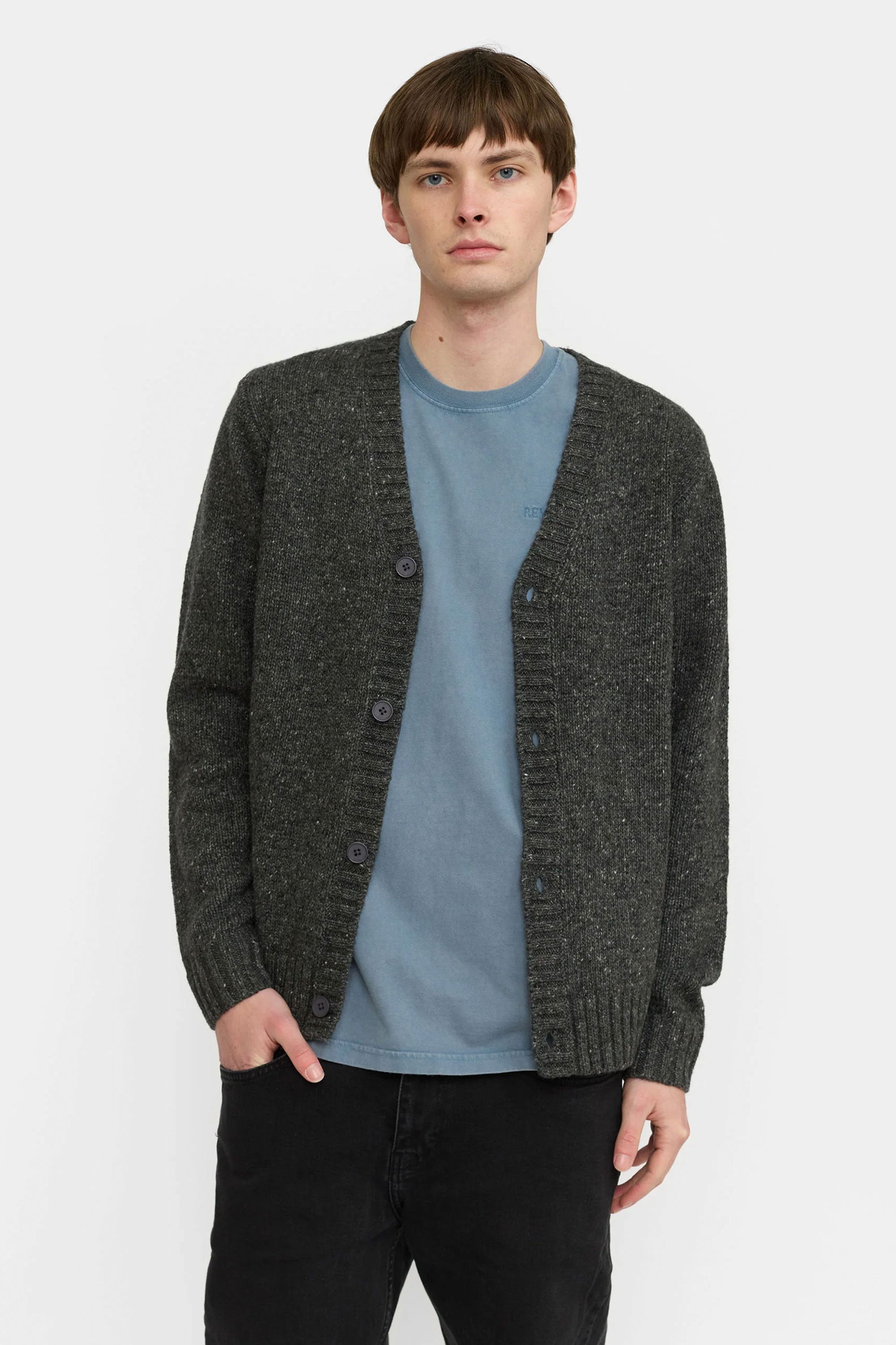 Revolution dark gray cardigan over a blue shirt Happylifeshops