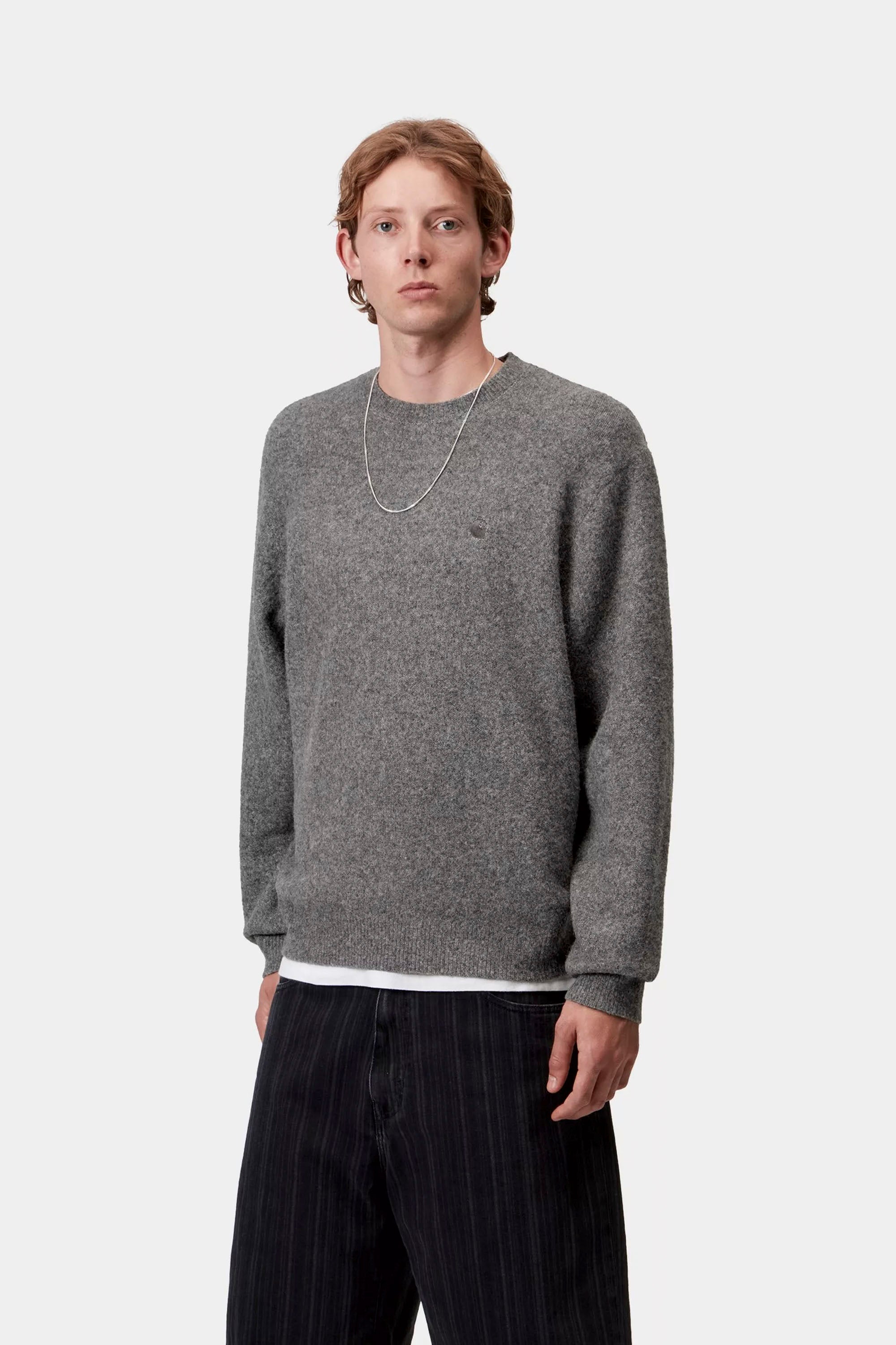 Happylifeshops Carhartt WIP graphite knit sweater relaxed fit minimal embroidered logo