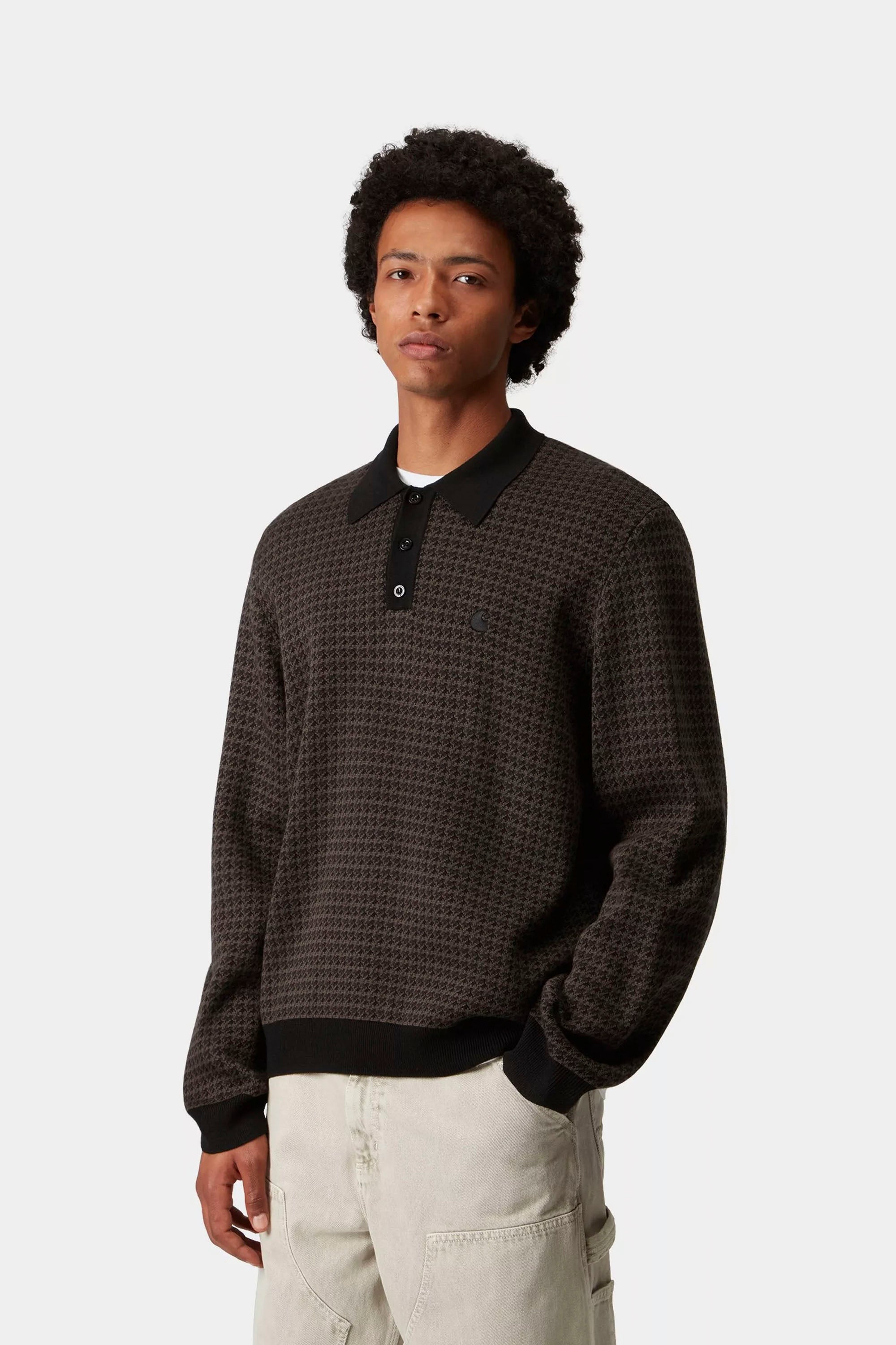 Happylifeshops Carhartt WIP long-sleeve houndstooth polo vitola heather relaxed knit style