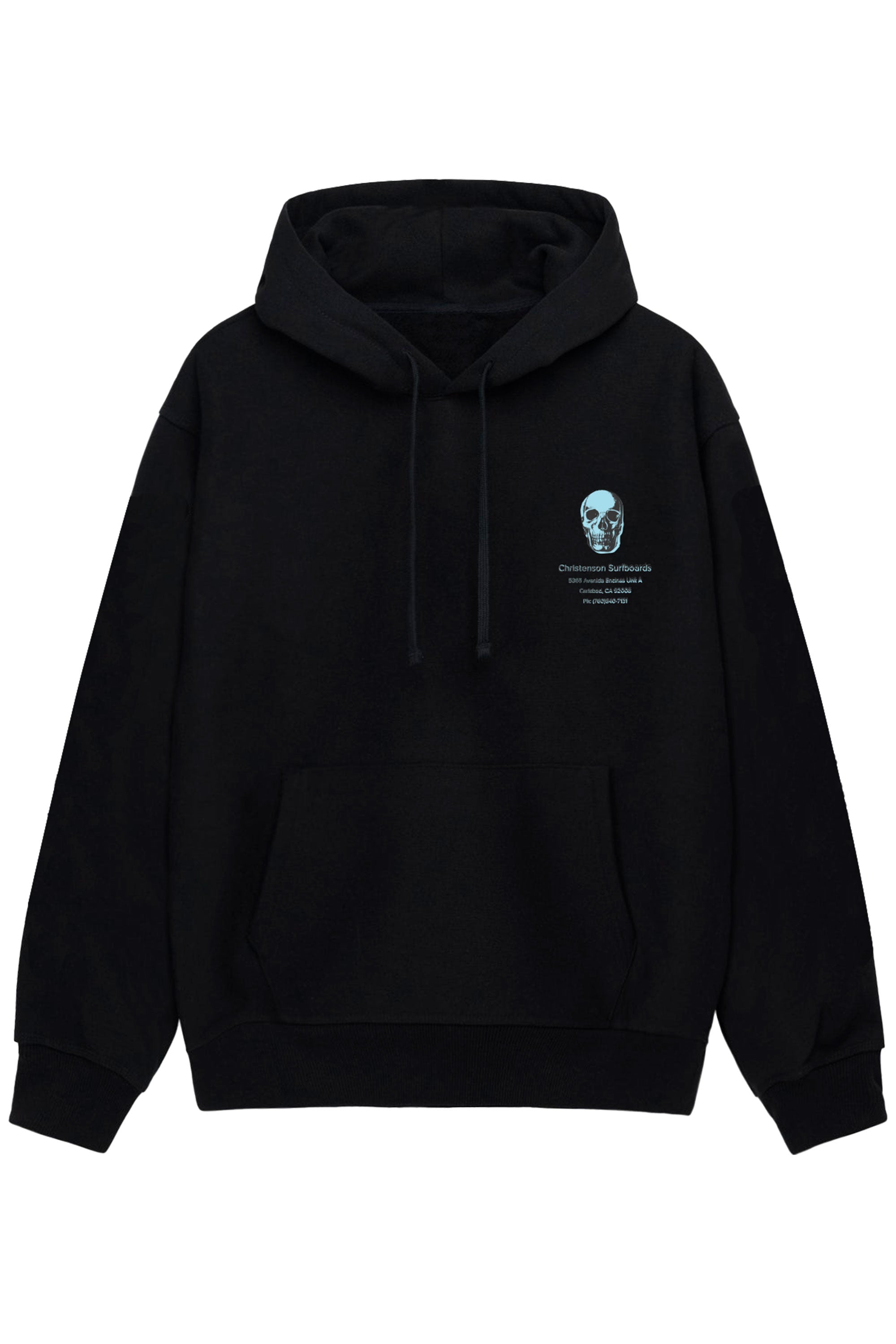 Happylifeshops Christenson Surfboards 5365 Avenida Encinas black hoodie with skull back print and street surf aesthetic