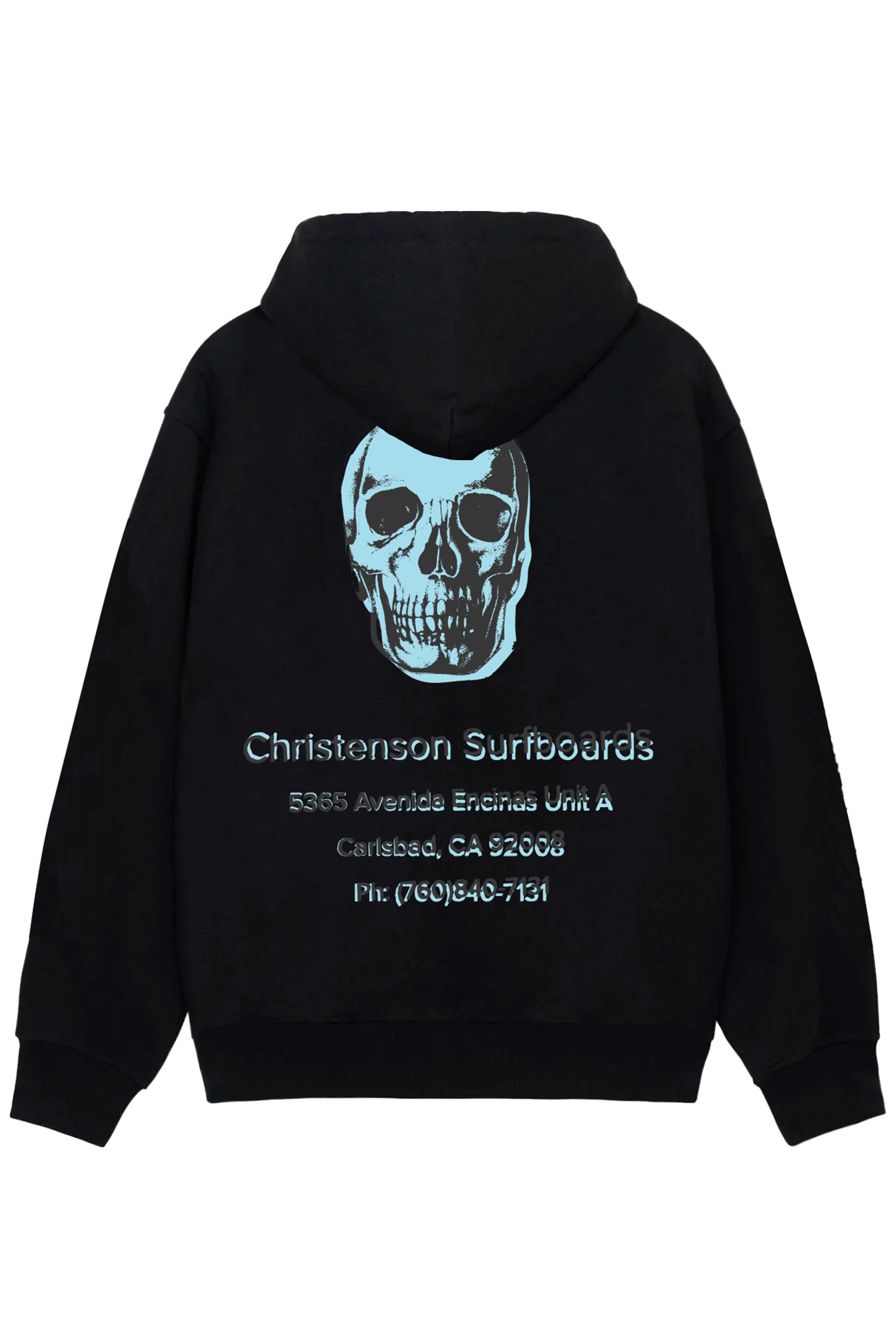 Happylifeshops Christenson Surfboards 5365 Avenida Encinas black hoodie with skull back print and street surf aesthetic