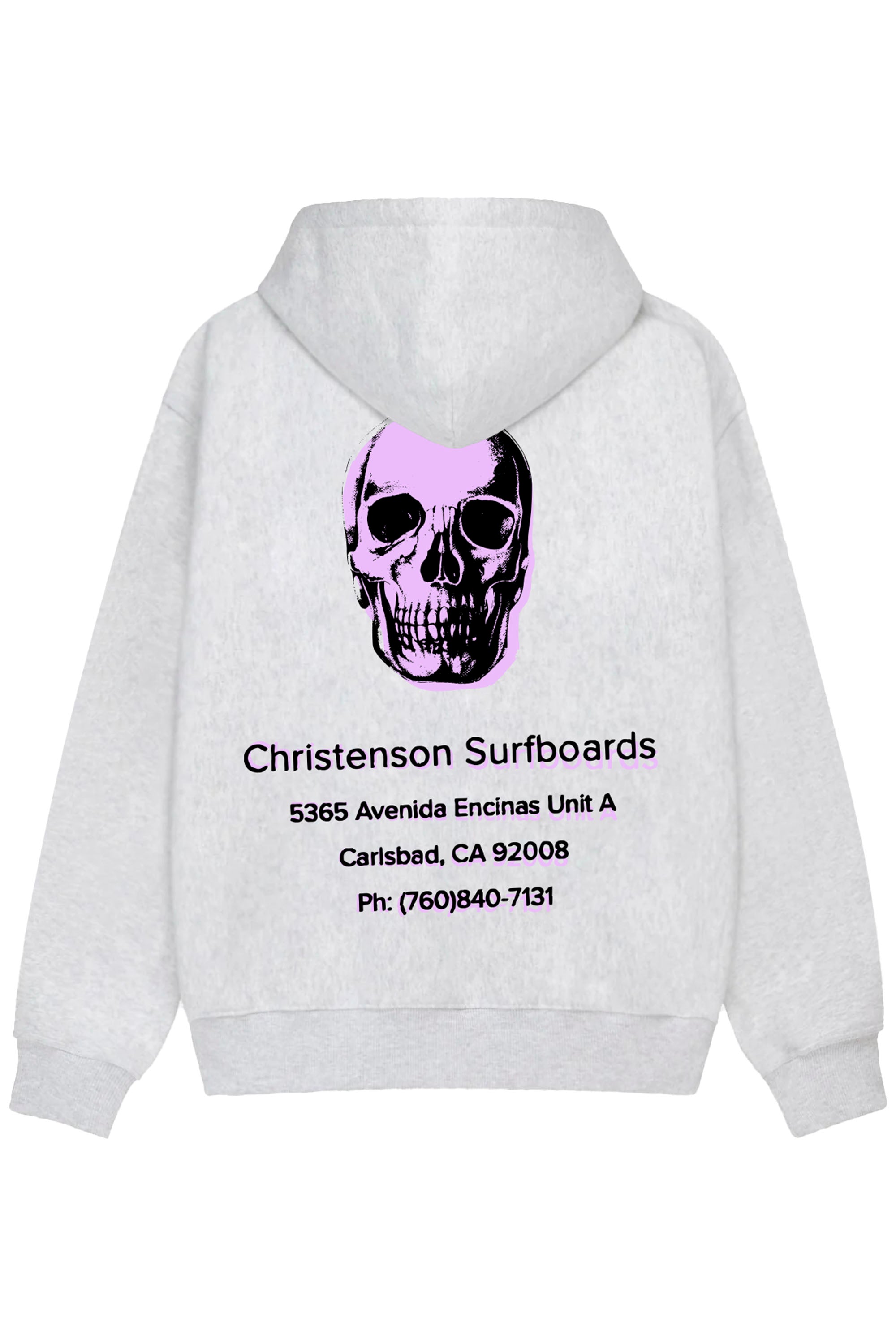 Happylifeshops Christenson Surfboards 5365 Avenida Encinas heather grey hoodie with purple skull graphic and surf streetwear aesthetic
