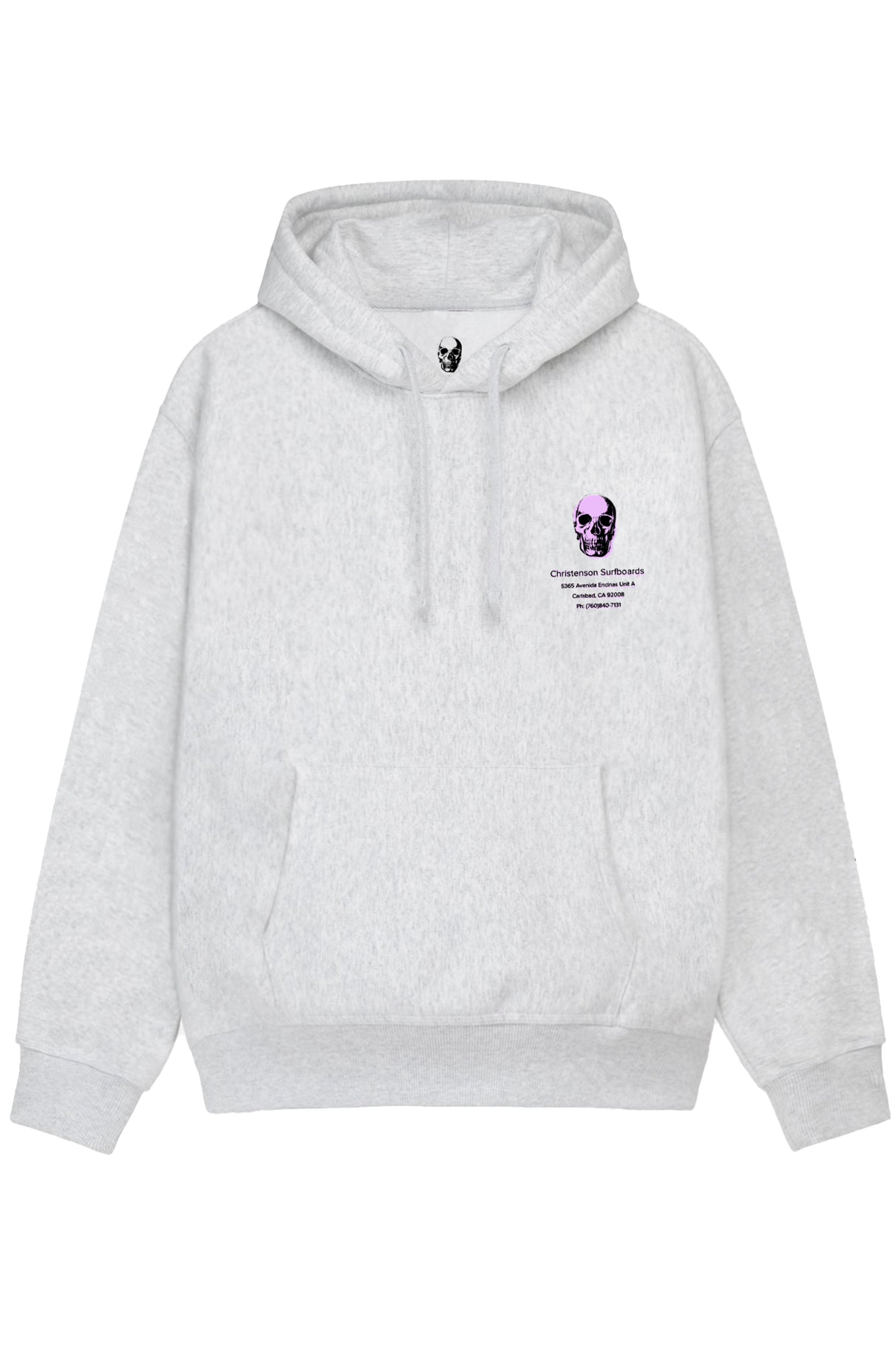Happylifeshops Christenson Surfboards 5365 Avenida Encinas heather grey hoodie with purple skull graphic and surf streetwear aesthetic