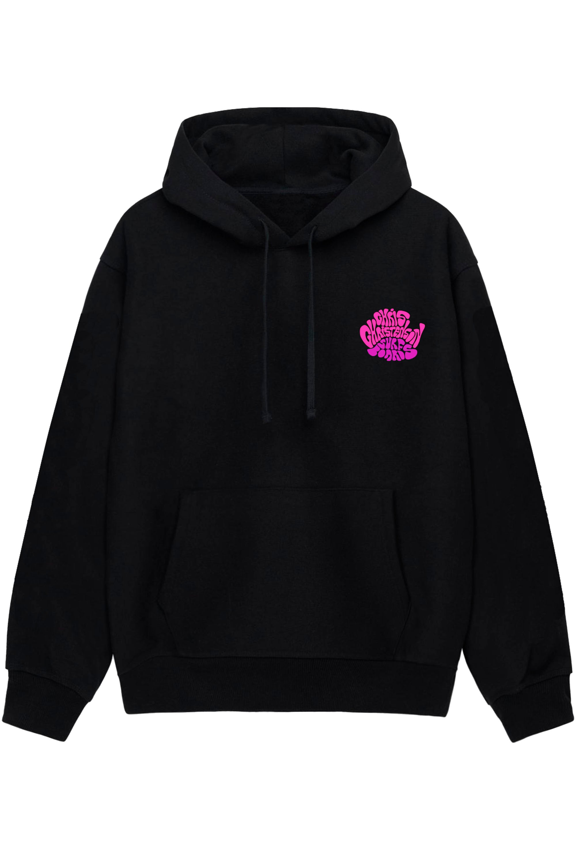 Happylifeshops Christenson x Andy Davis black hoodie with retro pink purple logo and surf streetwear aesthetic
