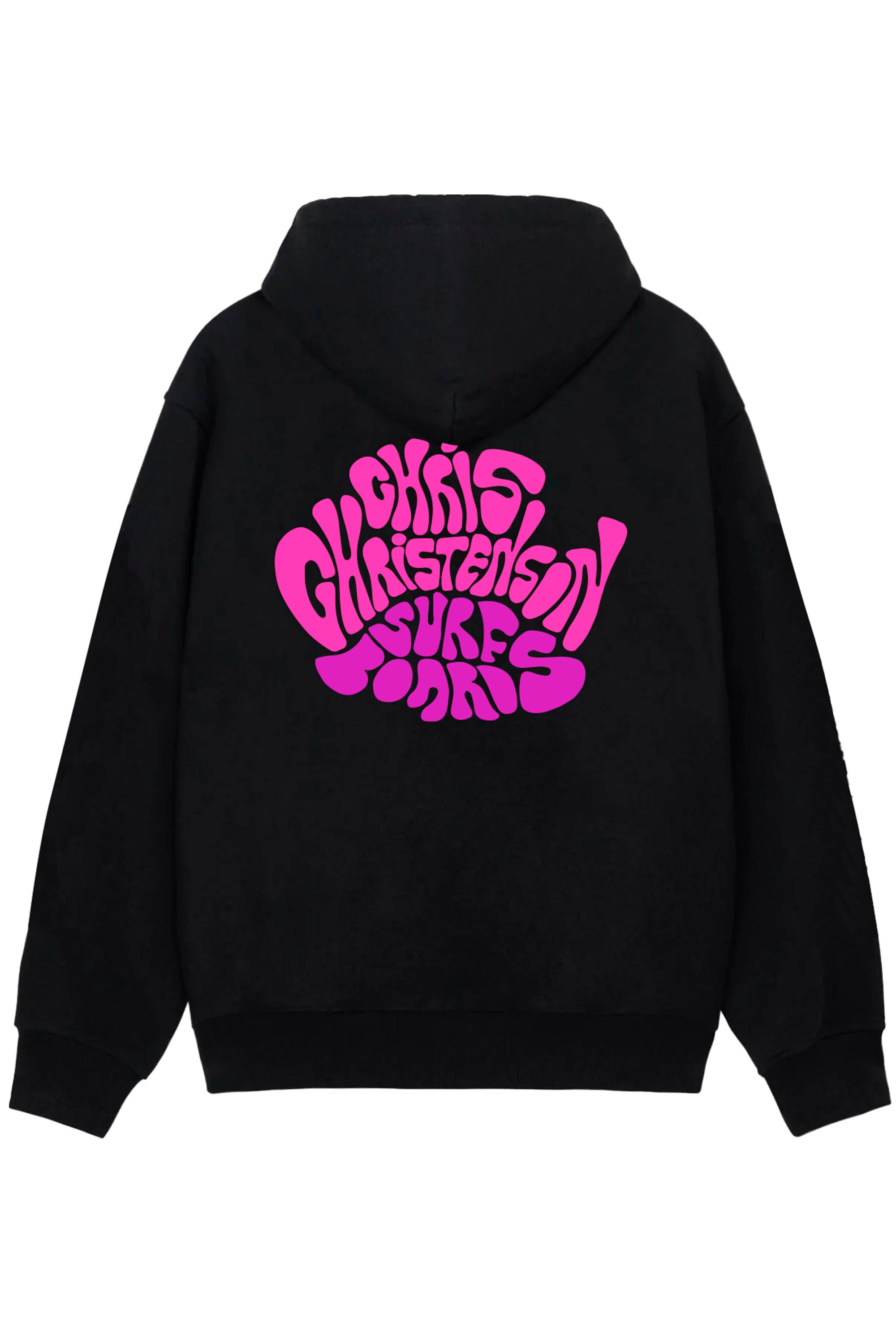 Happylifeshops Christenson x Andy Davis black hoodie with retro pink purple logo and surf streetwear aesthetic