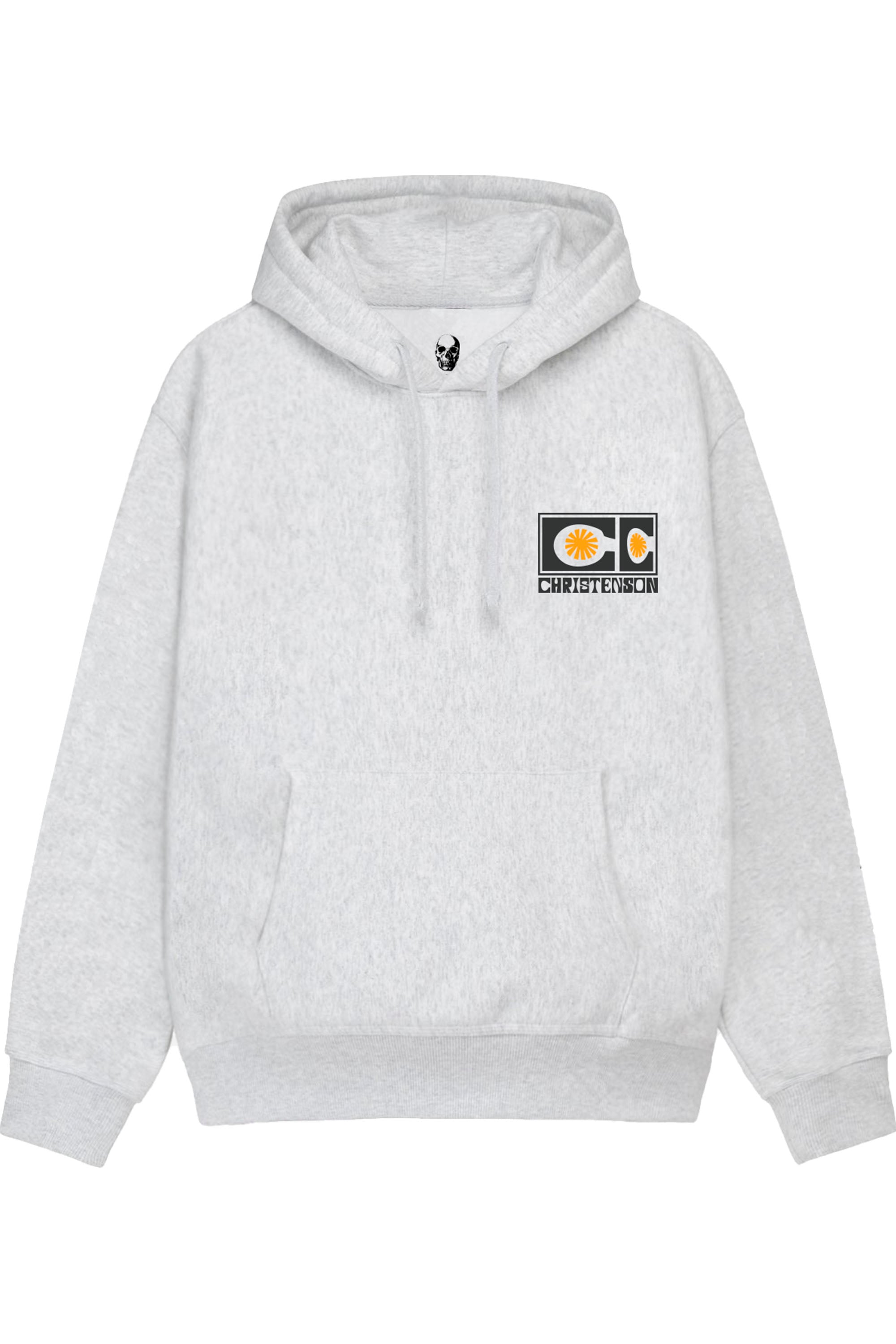 Happylifeshops Christenson Surfboard Shapes hoodie heather grey with orange graphic and surf heritage print