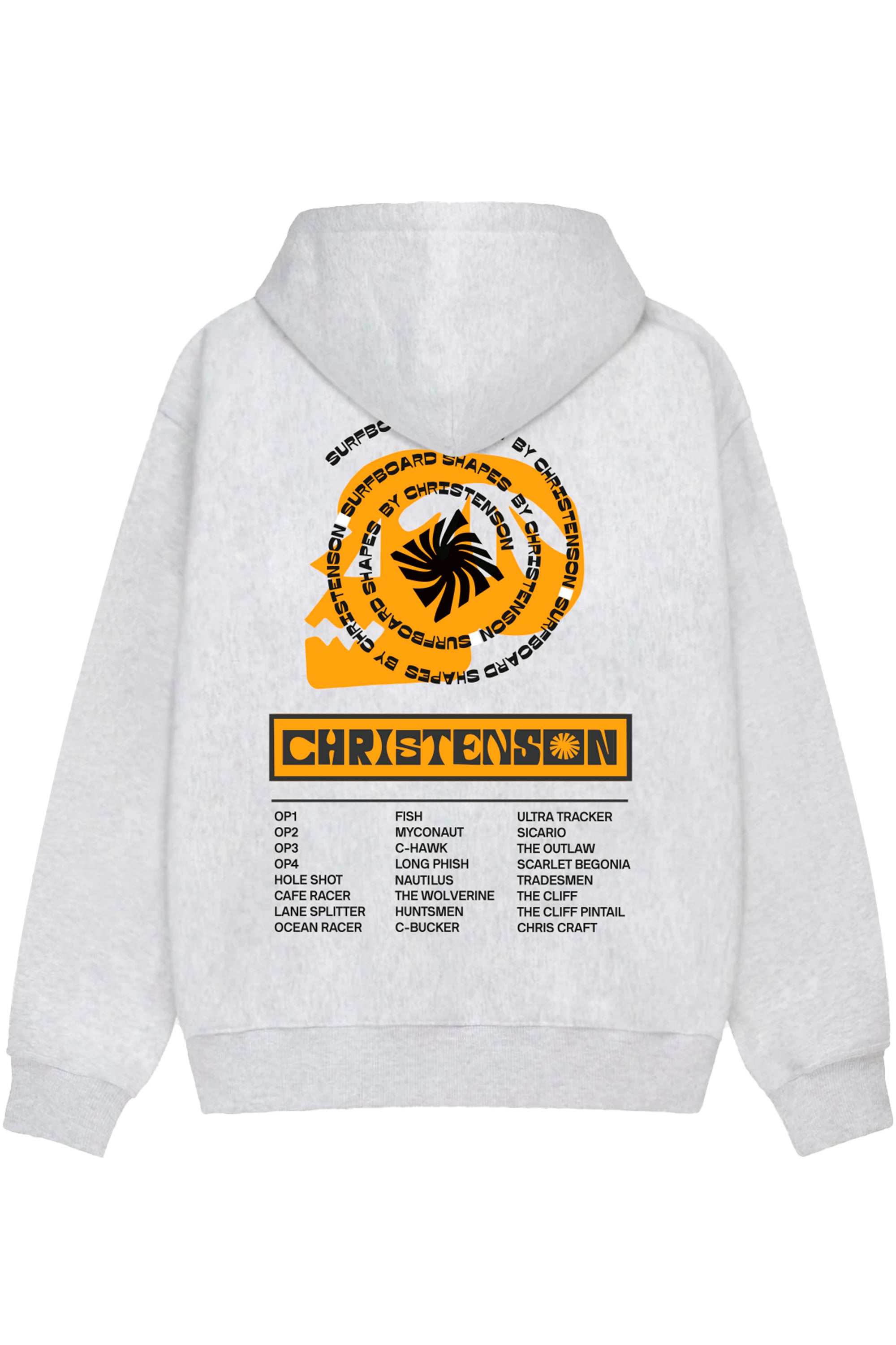 Happylifeshops Christenson Surfboard Shapes hoodie heather grey with orange graphic and surf heritage print
