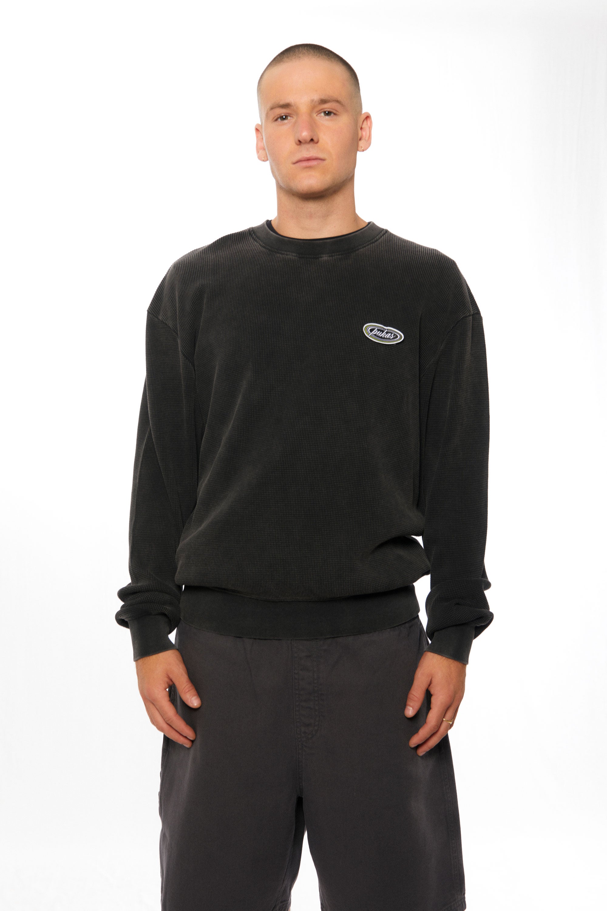 Happylifeshops Man Sweat Pukas Clothing Waffle Crew Black