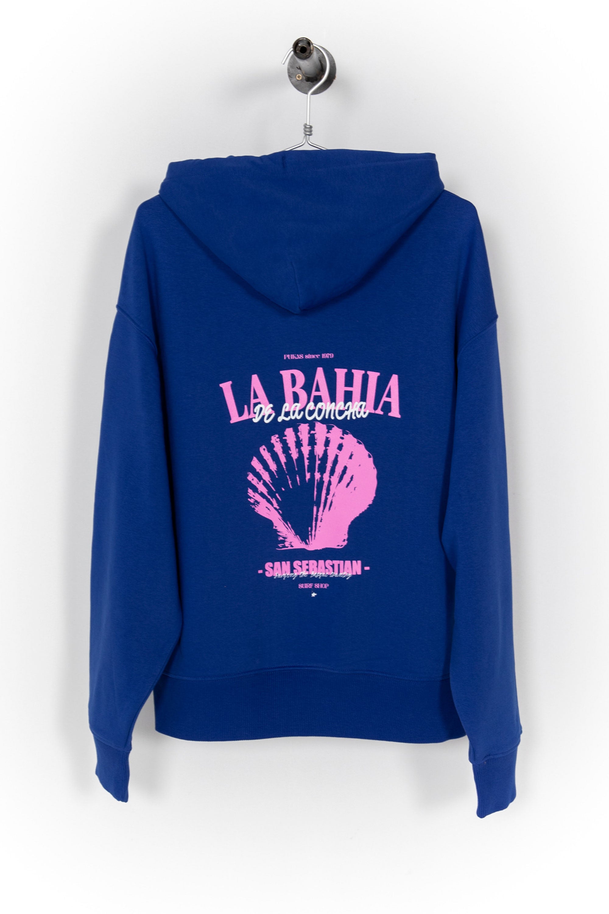 Happylifeshops Bahia royal blue hoodie with pink La Concha Bay graphic front and back