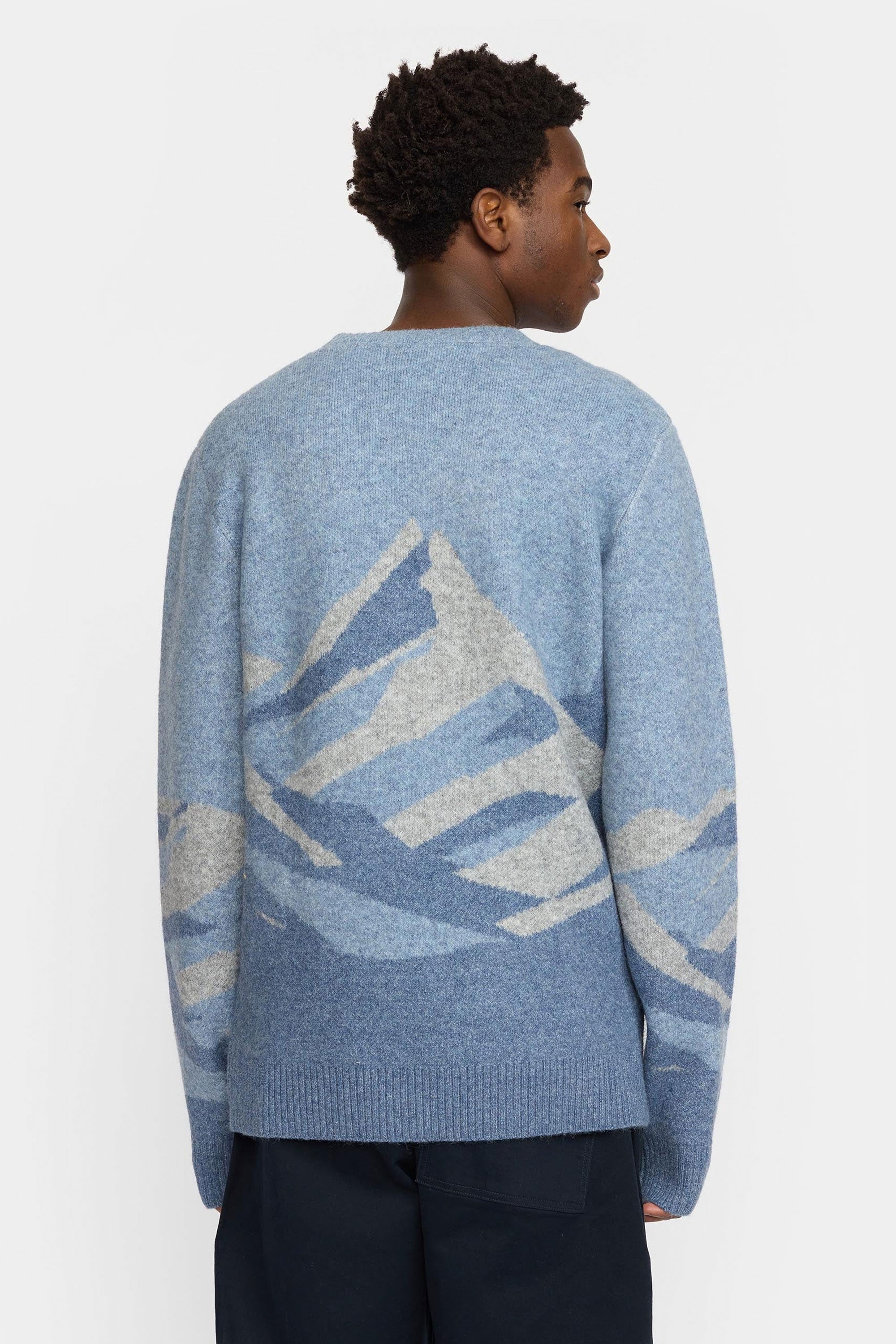 Revolution Blue sweater with abstract mountain design Happylifeshops