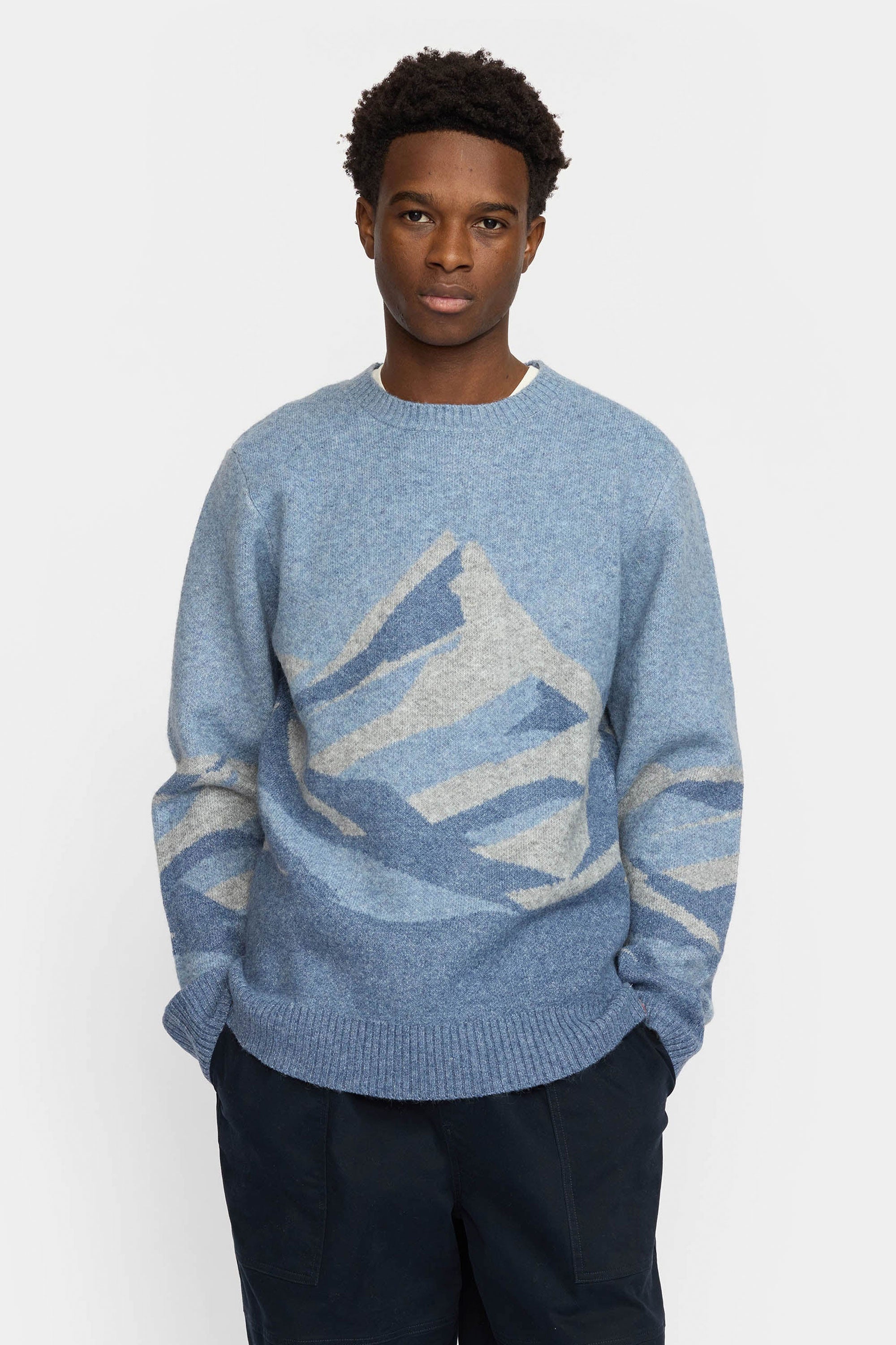 Revolution Blue sweater with a mountain design Happylifeshops