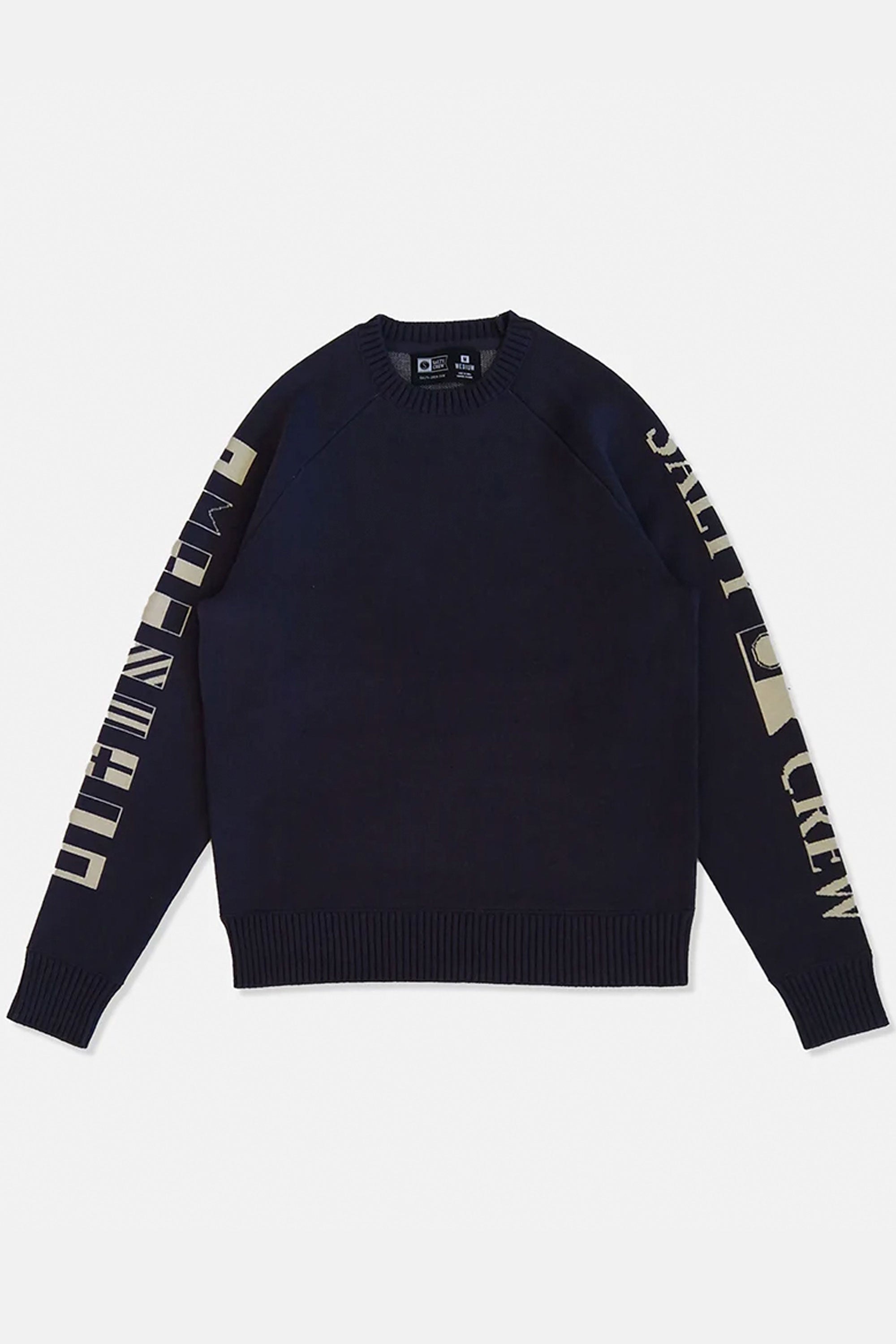 Happylifeshops Salty Crew men’s cotton sweater in midnight navy with intarsia sleeves