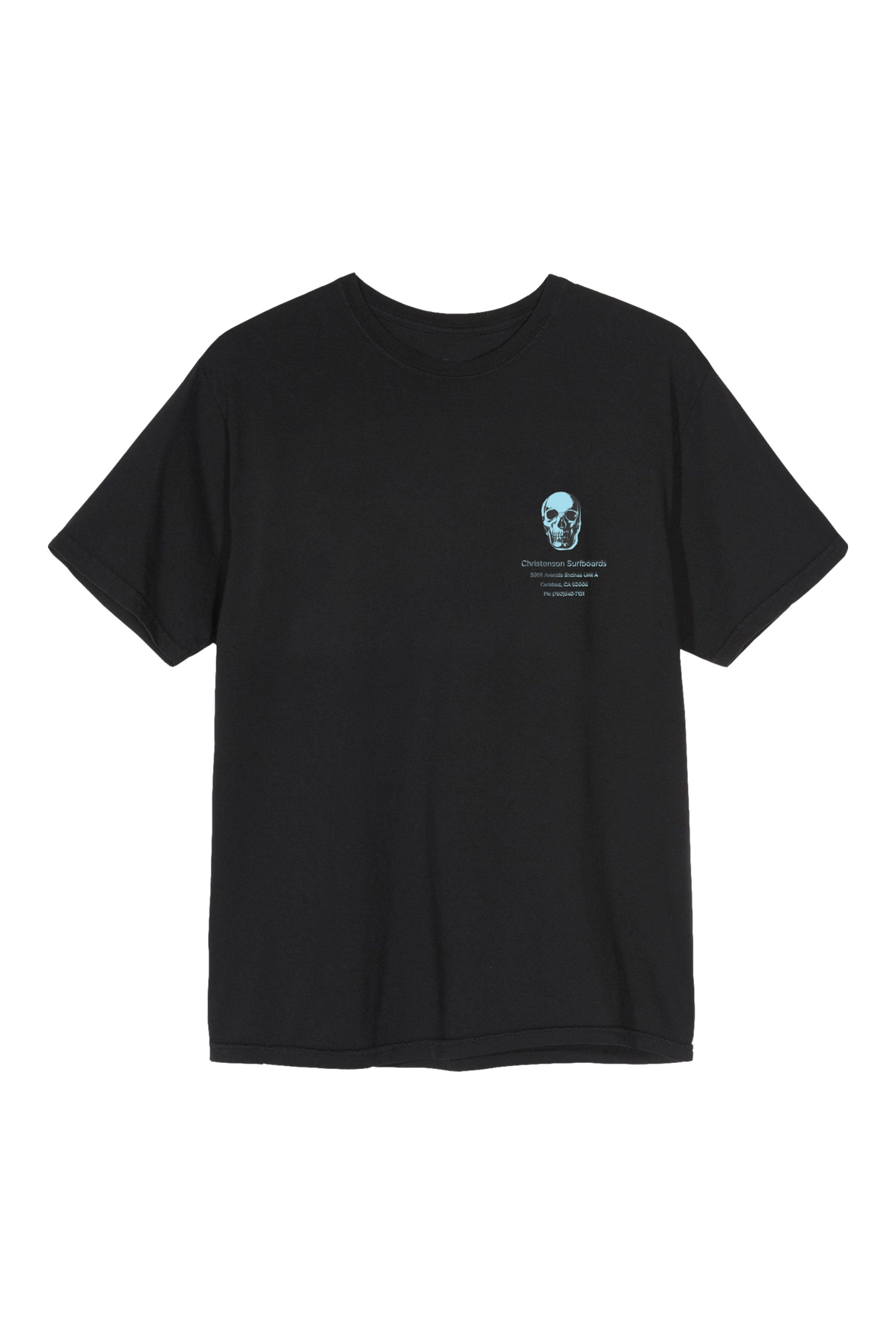 Happylifeshops Christenson Surfboards black T-shirt with electric blue skull print and Carlsbad address design