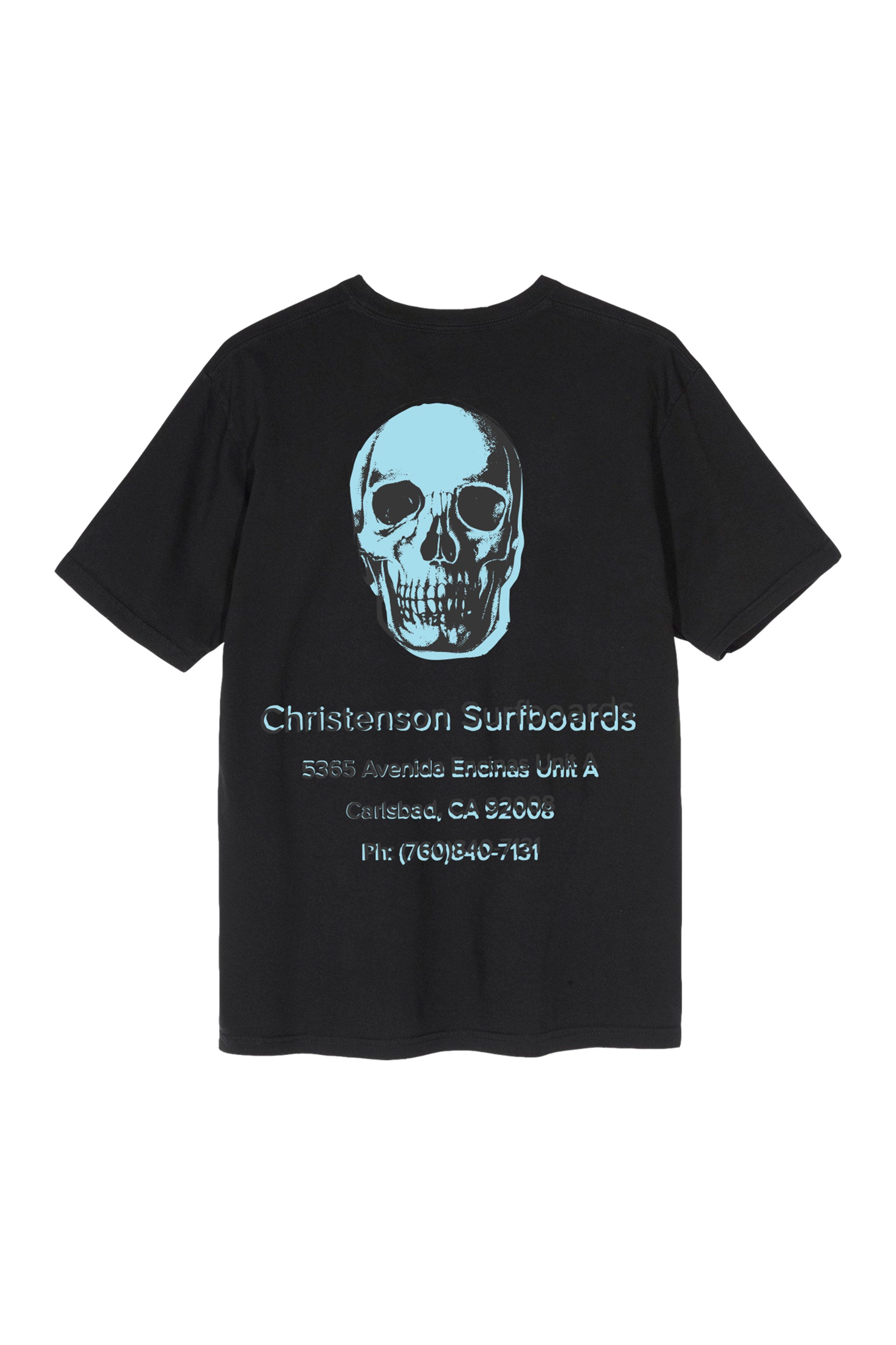 Happylifeshops Christenson Surfboards black T-shirt with electric blue skull print and Carlsbad address design