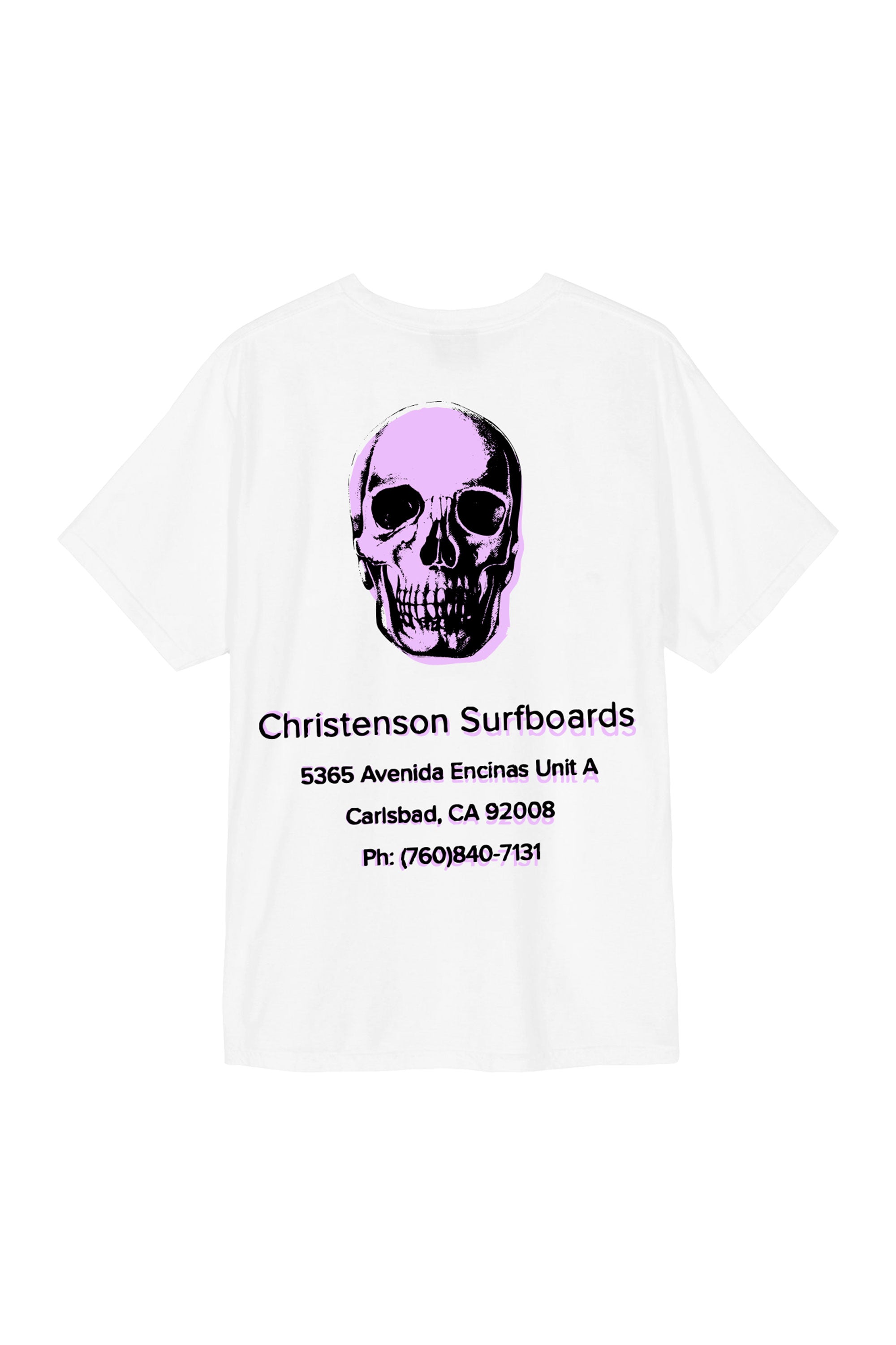 Happylifeshops Christenson Surfboards white T-shirt with lilac skull graphic and Carlsbad address print