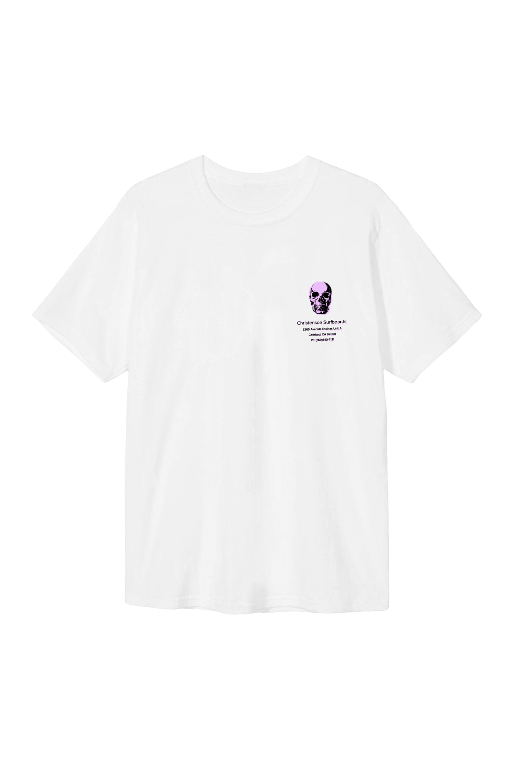 Happylifeshops Christenson Surfboards white T-shirt with lilac skull graphic and Carlsbad address print