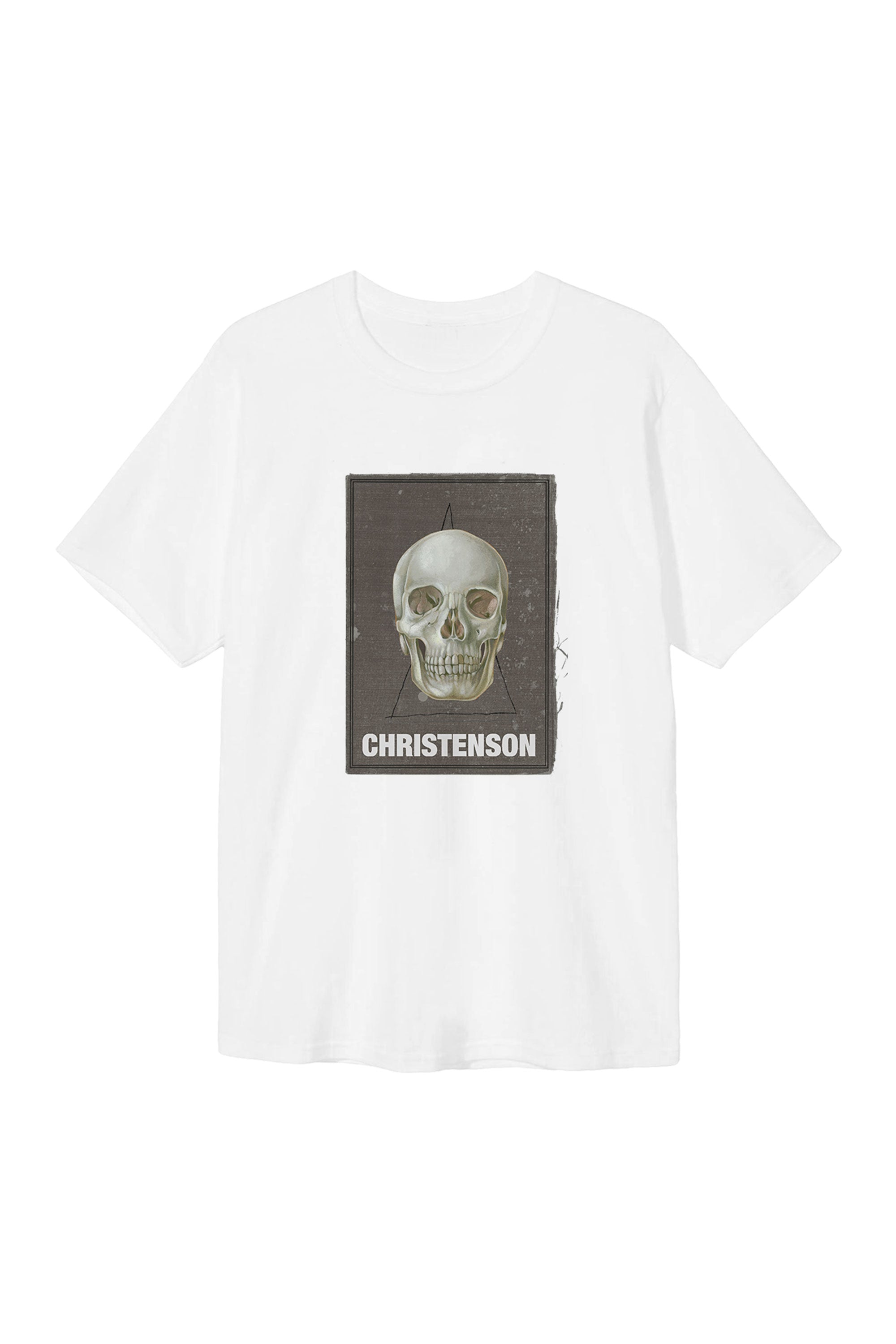Happylifeshops White t-shirt with a skull graphic and 'Christenson' text
