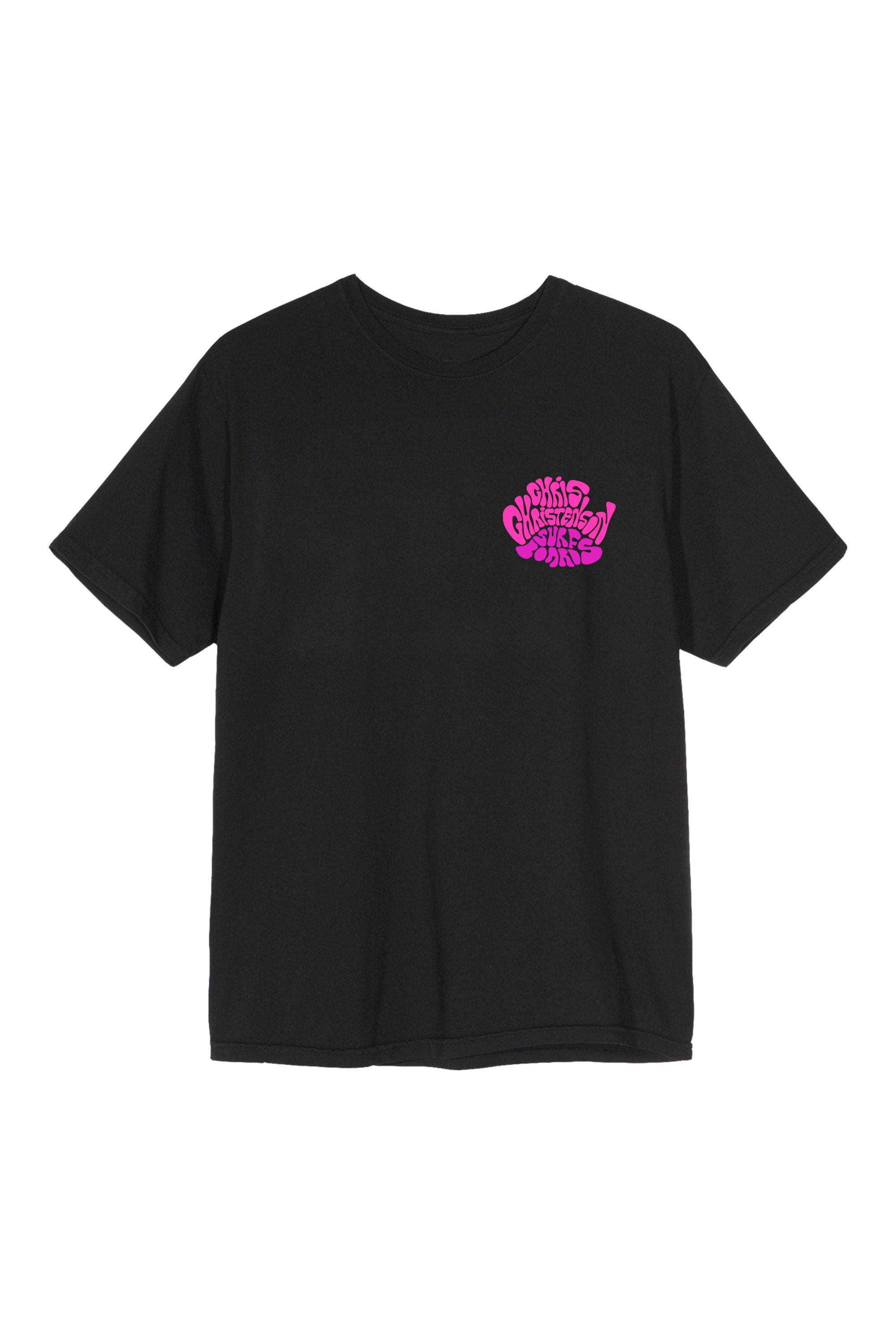 Happylifeshops Christenson  Black t-shirt with a pink logo