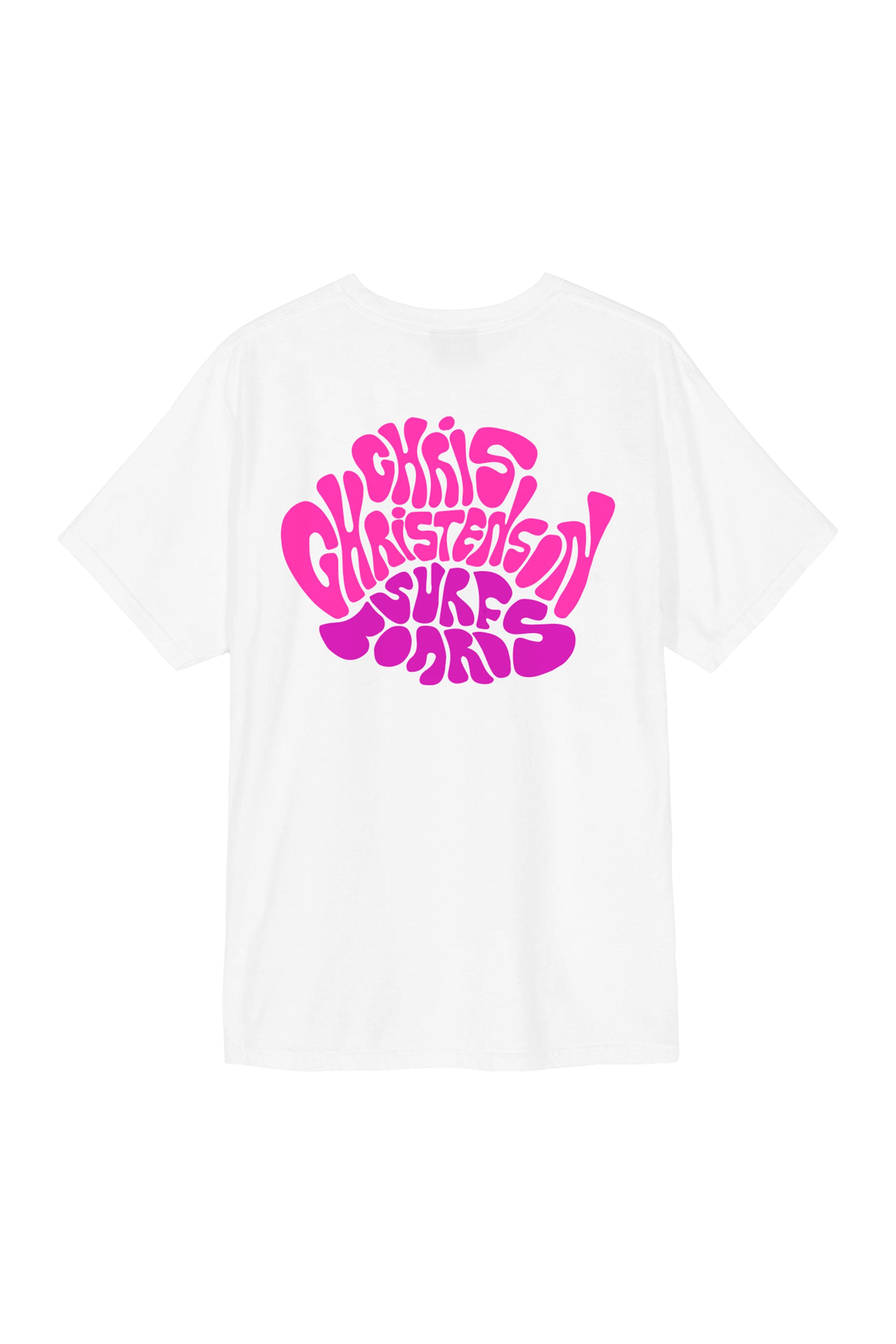 Happylifeshops Christenson x Andy Davis white T-shirt with pink purple retro graphic and surf-inspired streetwear design