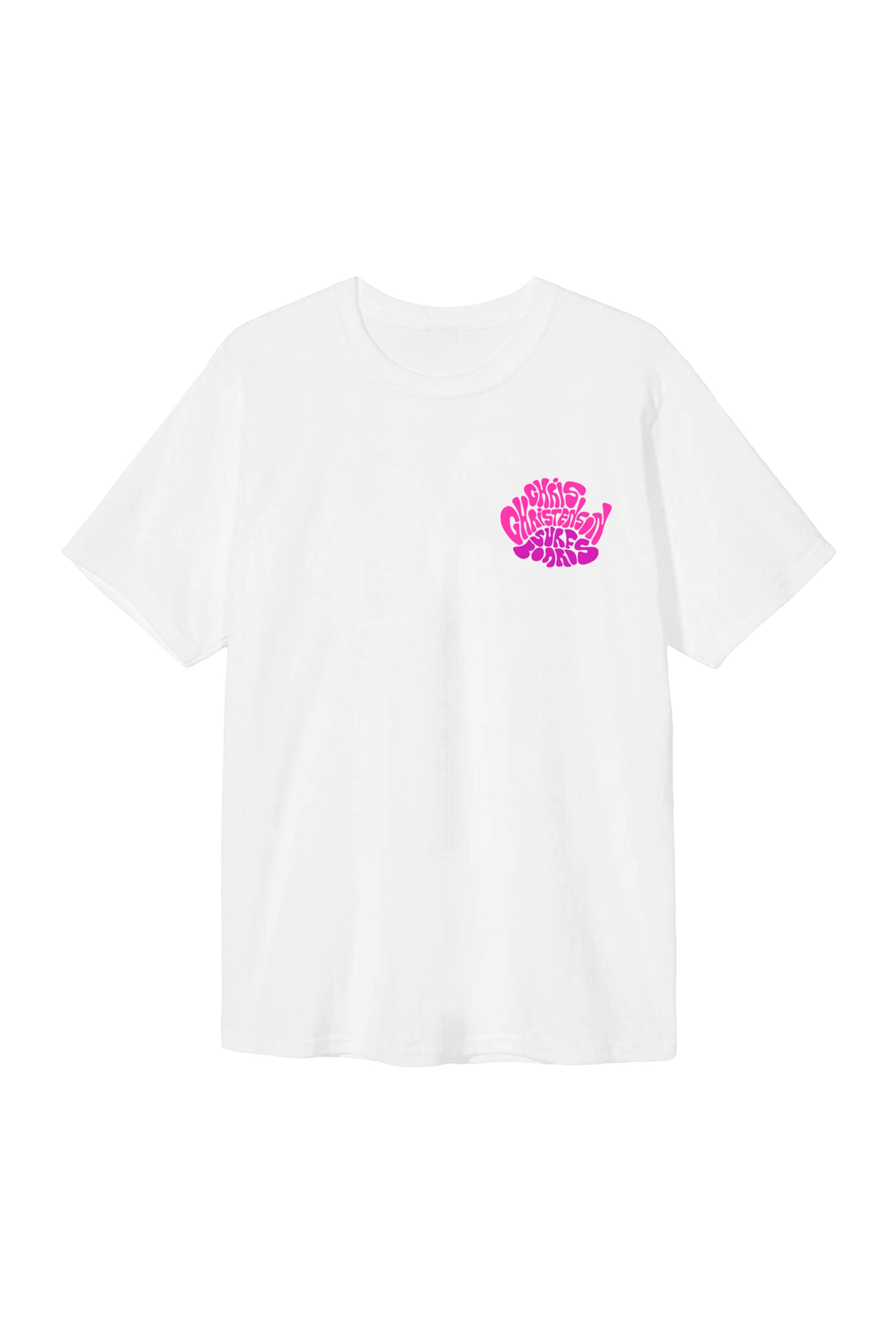 Happylifeshops Christenson x Andy Davis white T-shirt with pink purple retro graphic and surf-inspired streetwear design
