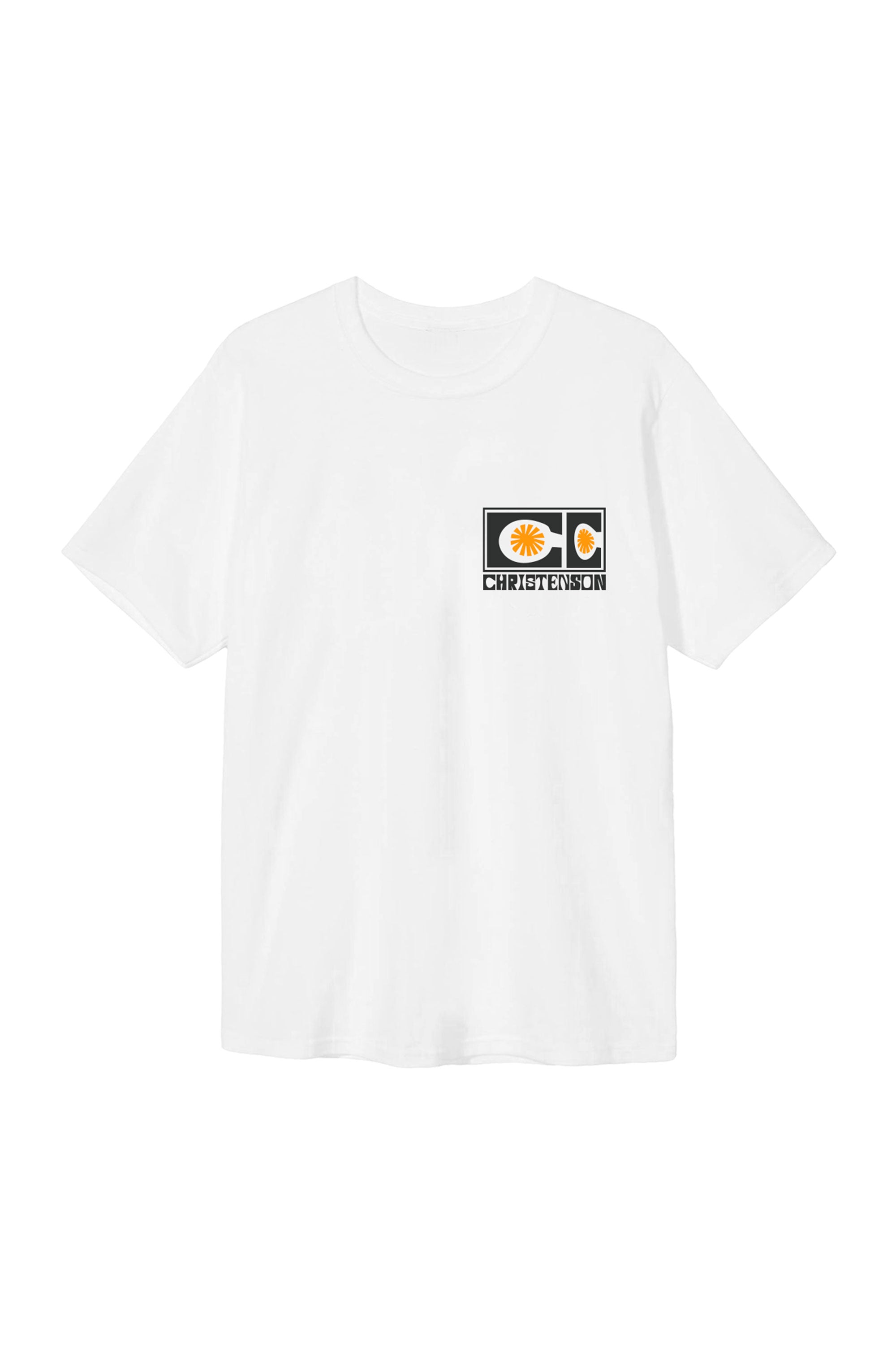 Happylifeshops Christenson Surfboards Shapes white T-shirt with orange graphic print and surf heritage design