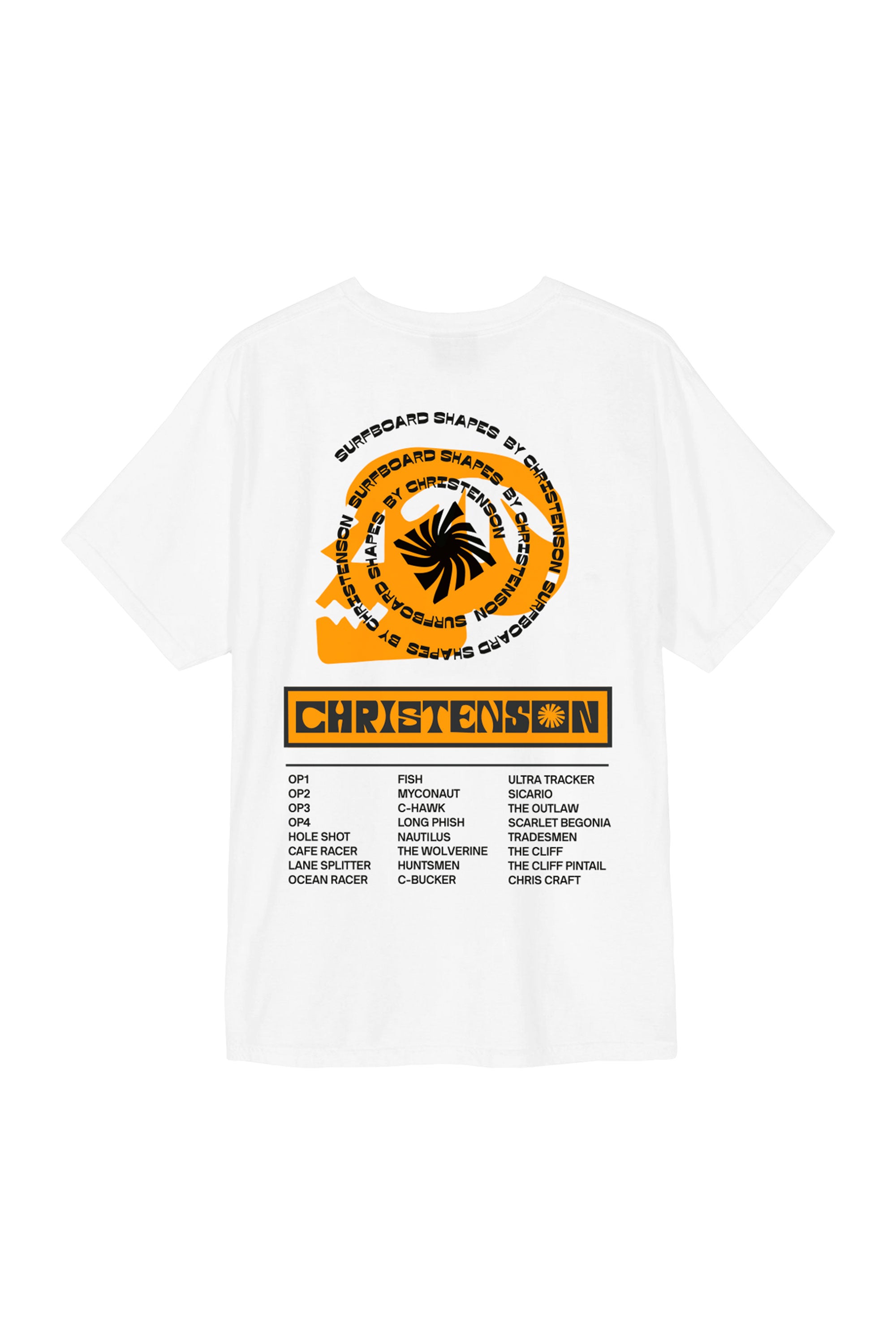 Happylifeshops Christenson Surfboards Shapes white T-shirt with orange graphic print and surf heritage design
