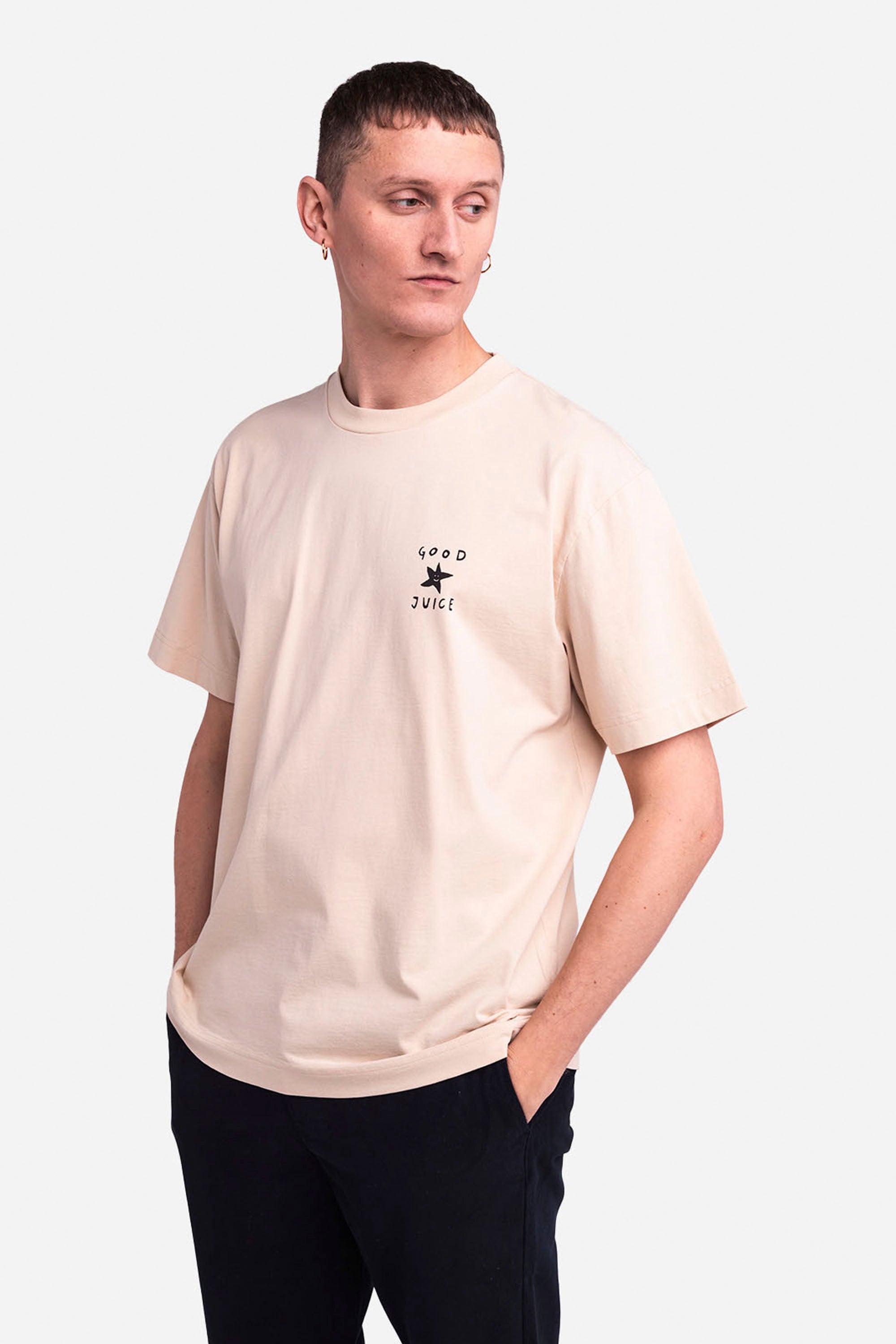 Olow Happylifeshops cream loose tee with subtle graphic prints relaxed drape