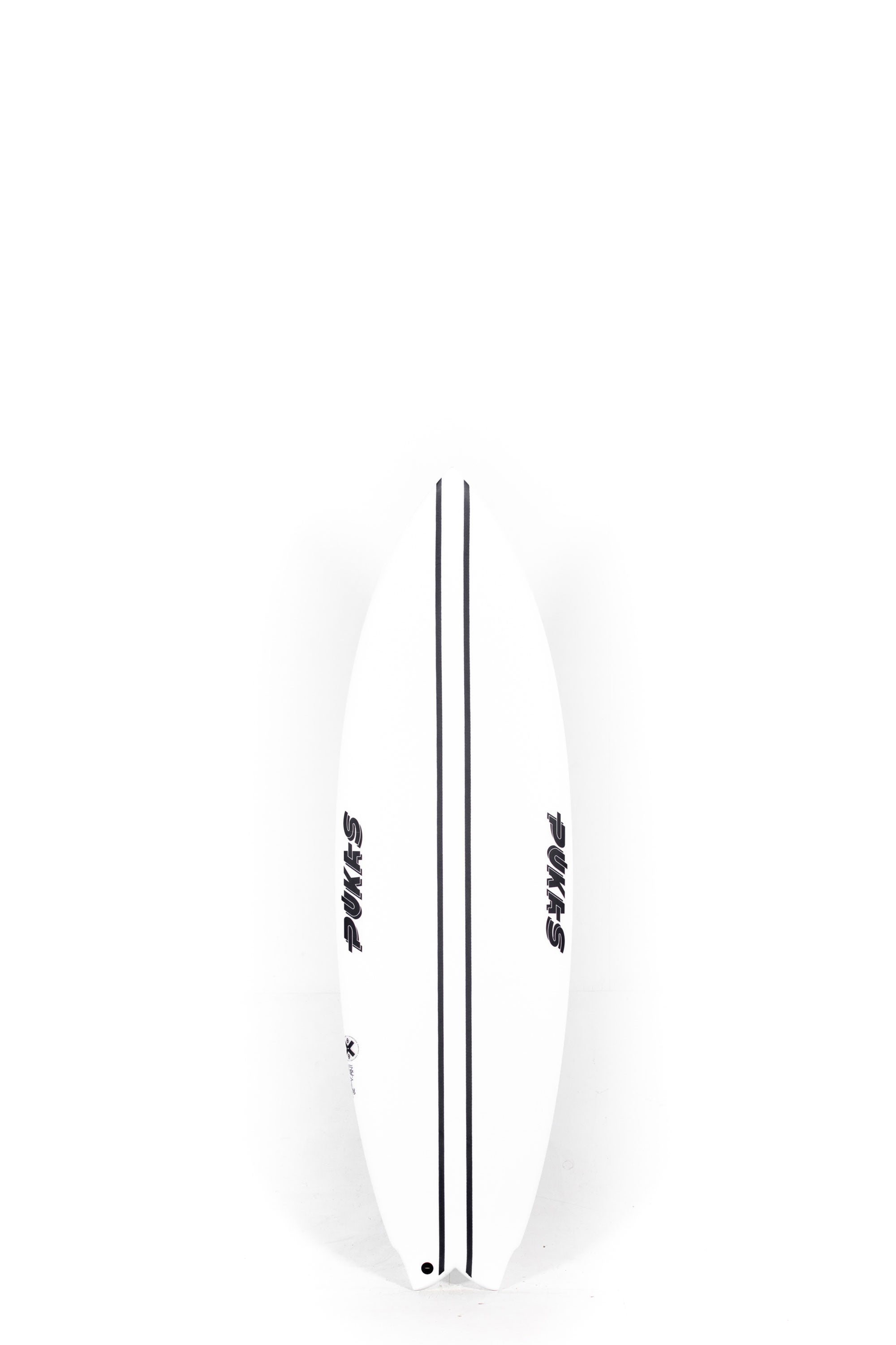 White Pukas Mustache surfboard with black carbon stripes size 5'8" at Happylifeshops