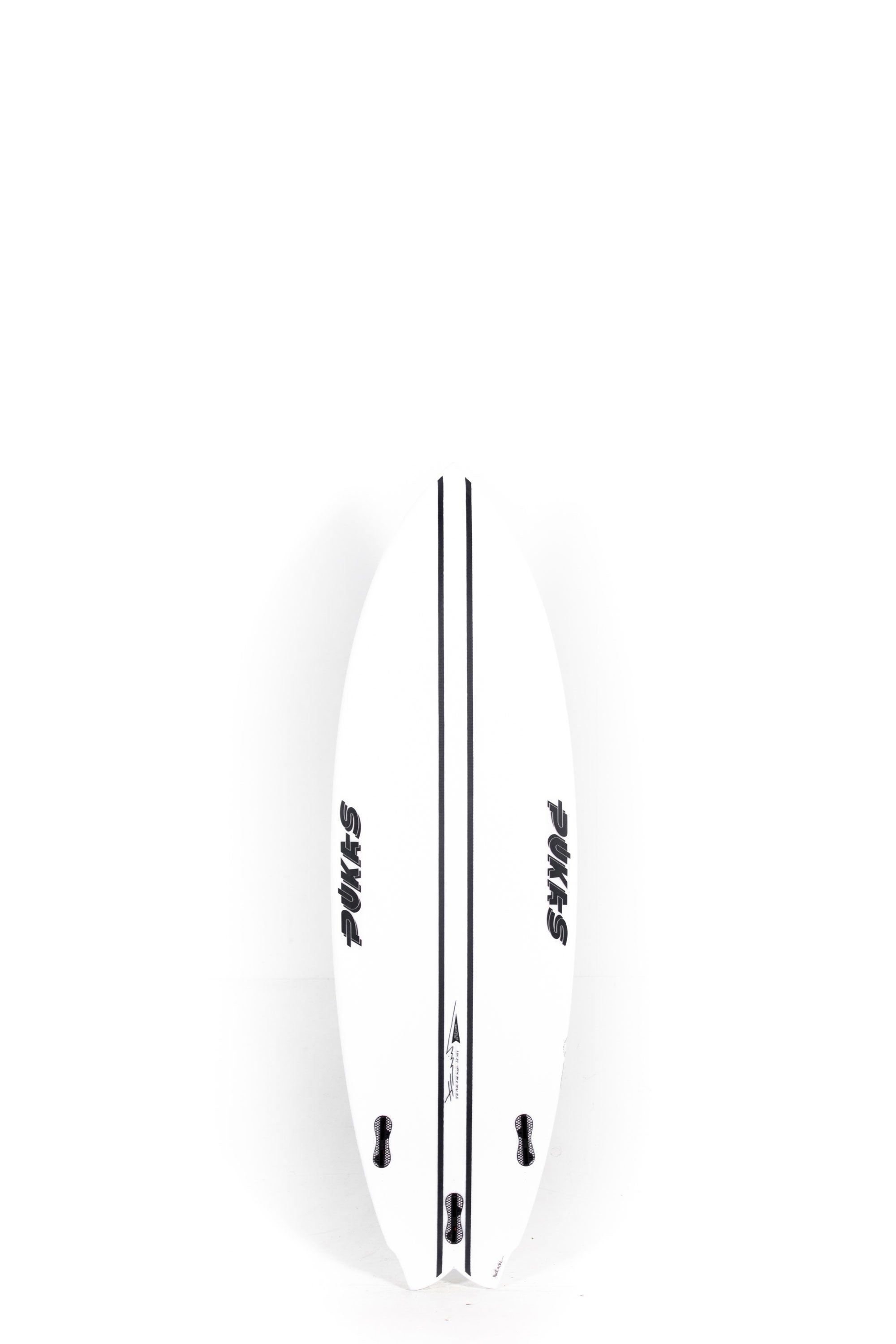 White Pukas Mustache surfboard with black carbon stripes size 5'8" at Happylifeshops - 2