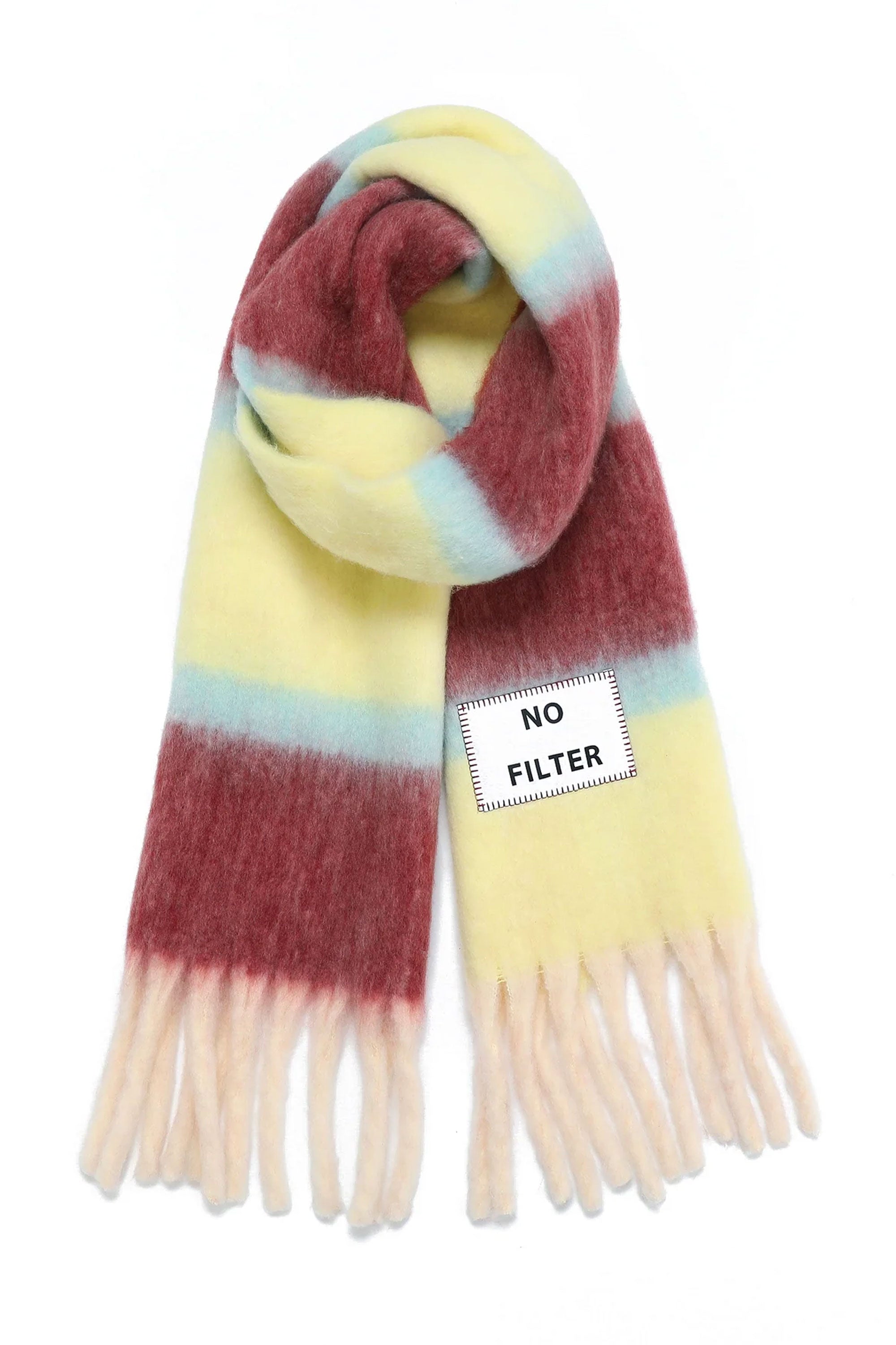Verb To Do Happylifeshops Multicolored striped scarf with a 'No Filter' label