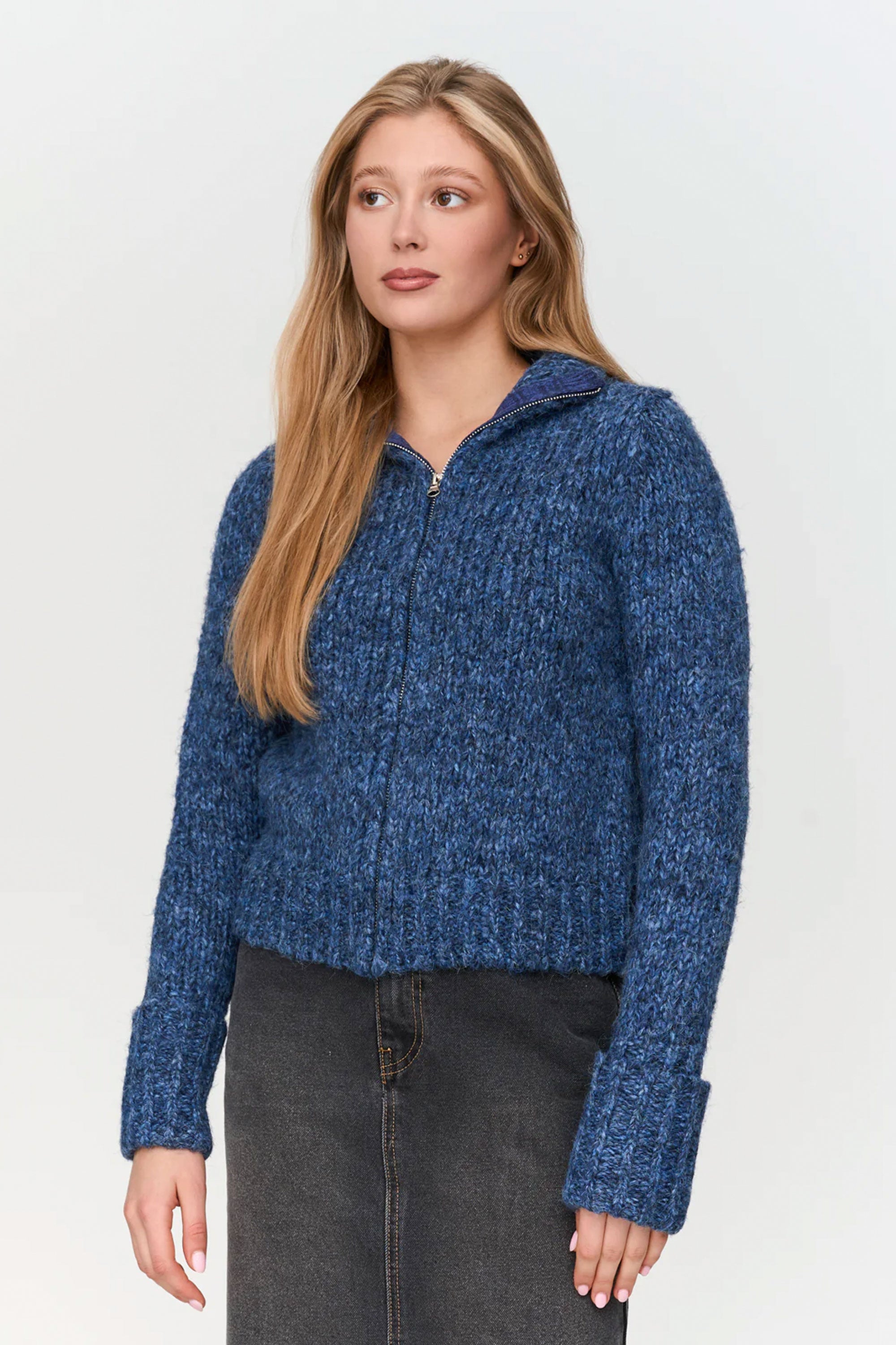 24 Colours Happylifeshops melange blue zip cardigan textured knit relaxed fit
