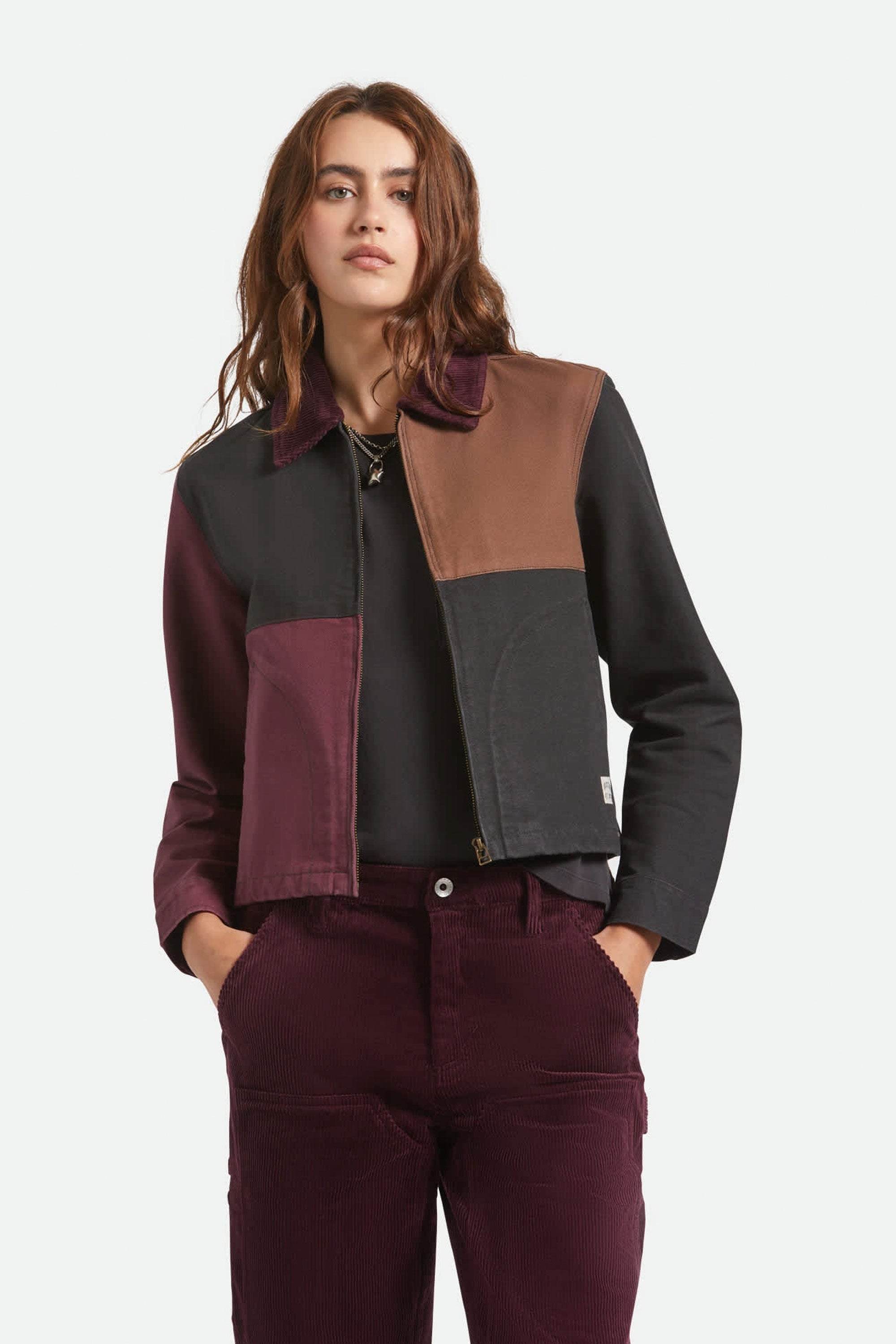 Happylifeshops Woman Jacket Brixton Mechanics Garage Zip Port Black Pinecone Brown