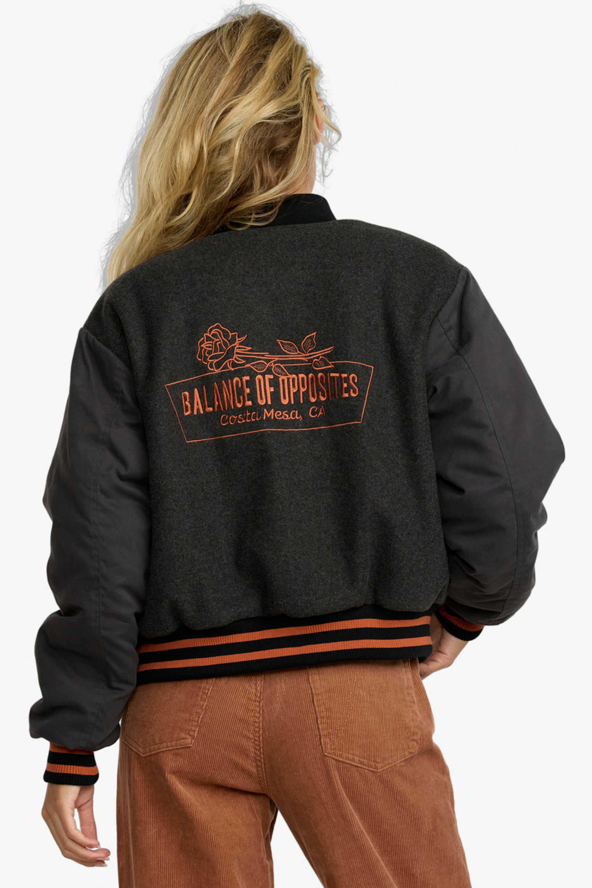 Happylifeshops RVCA Ryan bomber jacket women washed black cropped fit contrast sleeves