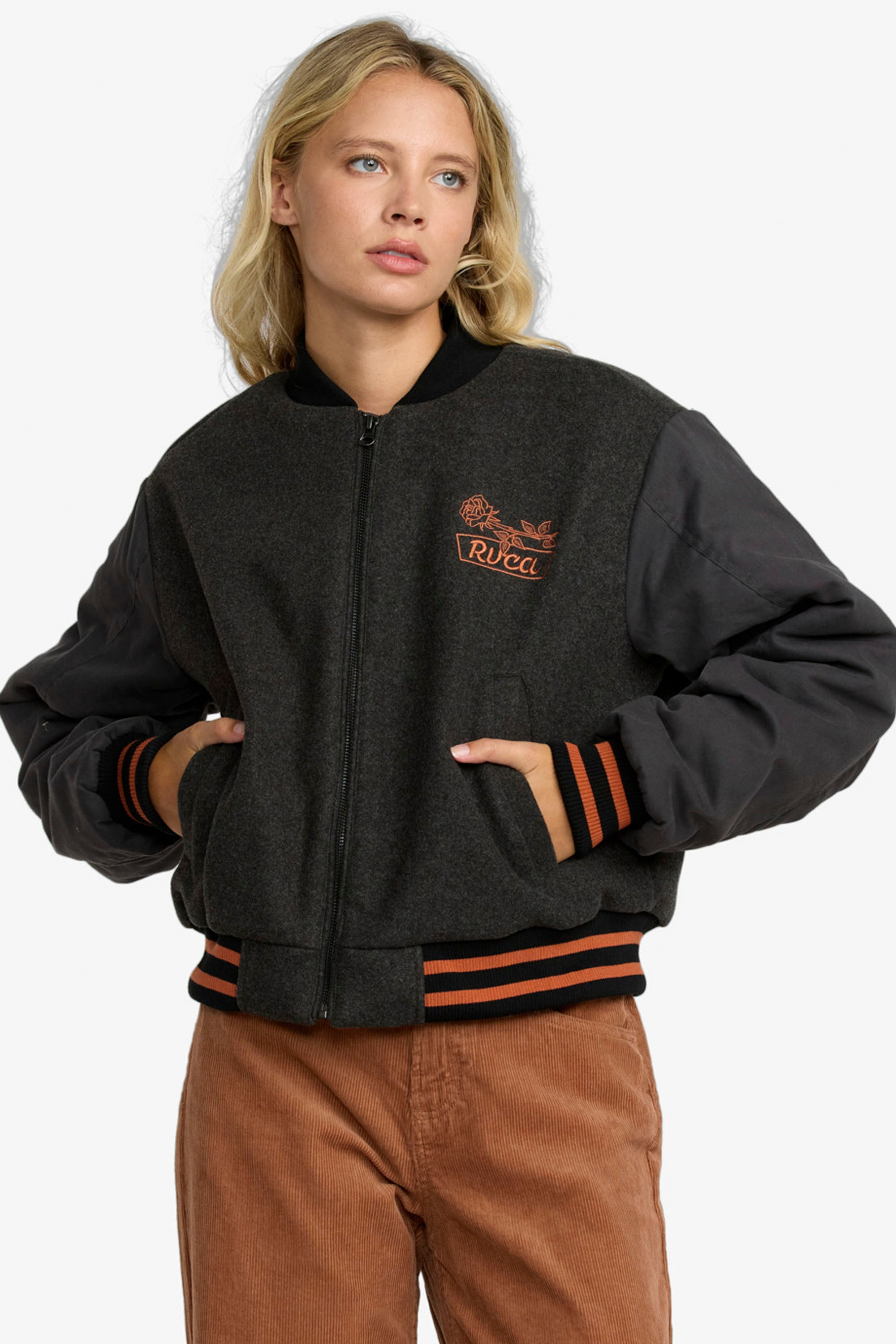 Happylifeshops RVCA Ryan bomber jacket women washed black cropped fit contrast sleeves