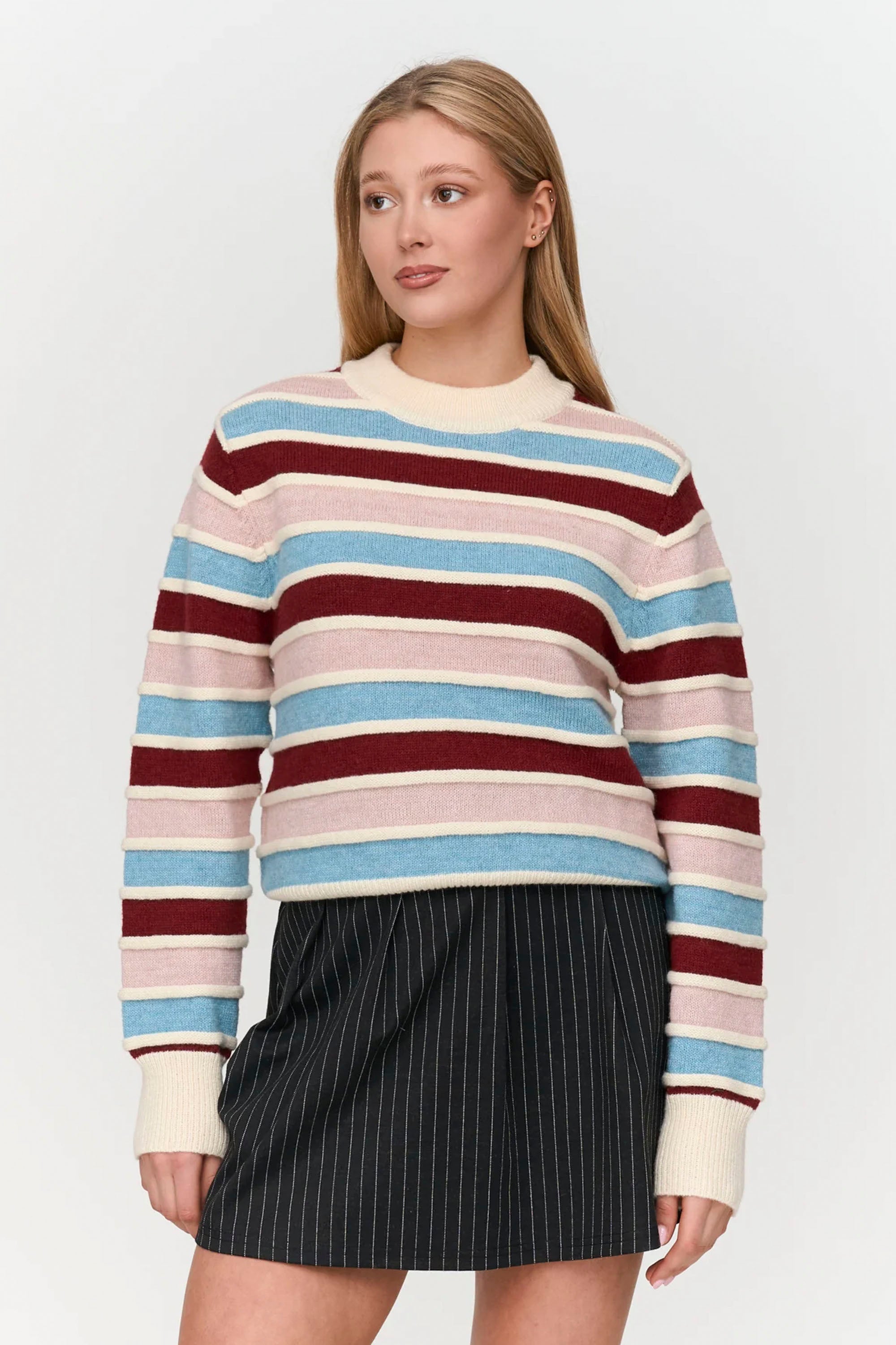 24 Colours Happylifeshops dusty pink sky blue striped knit pullover relaxed texture