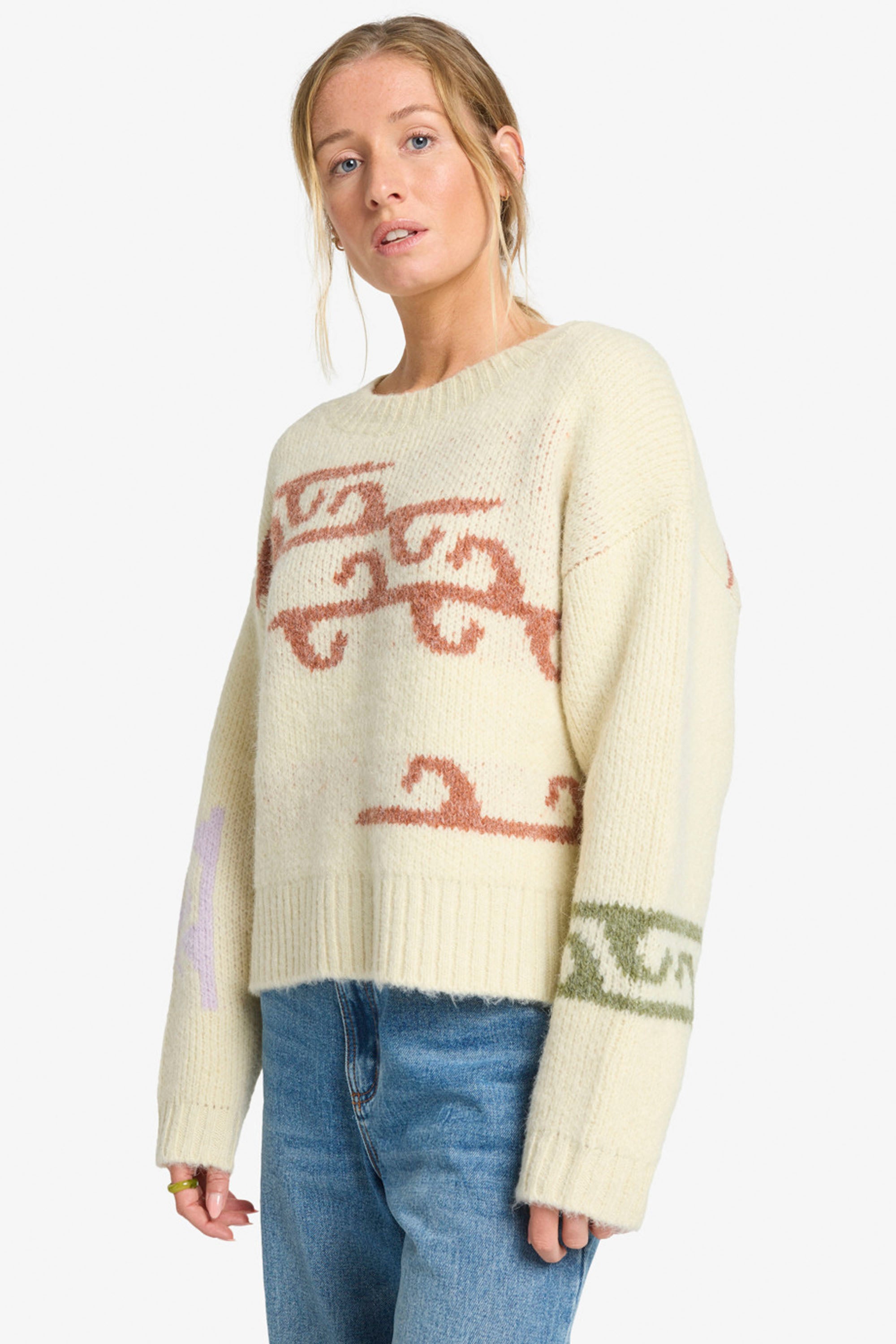 Happylifeshops Billabong No Aloha knit sweater cream abstract design relaxed fit