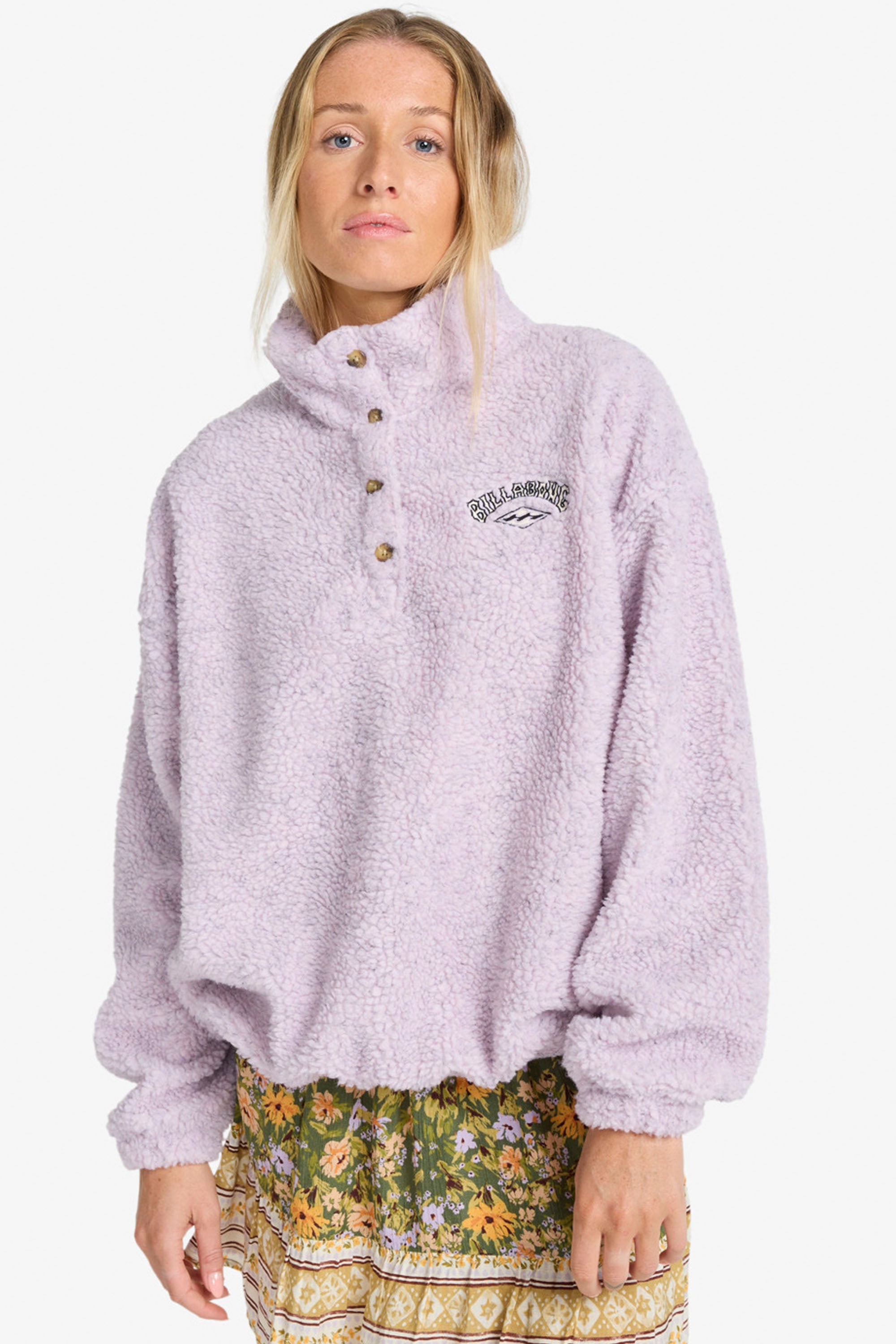 Happylifeshops Billabong Run The Road fleece pullover violet ice collar buttons texture