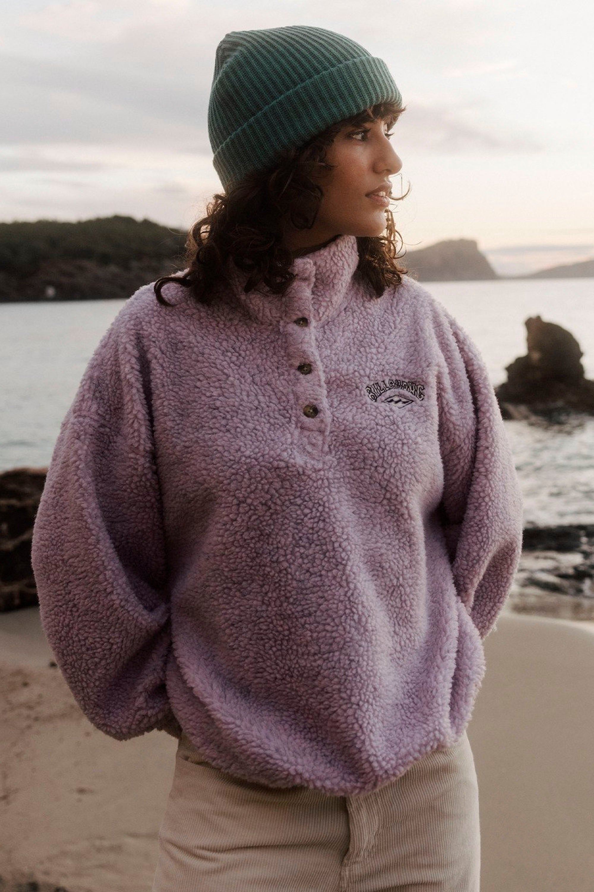 Happylifeshops Billabong Run The Road fleece pullover violet ice collar buttons texture