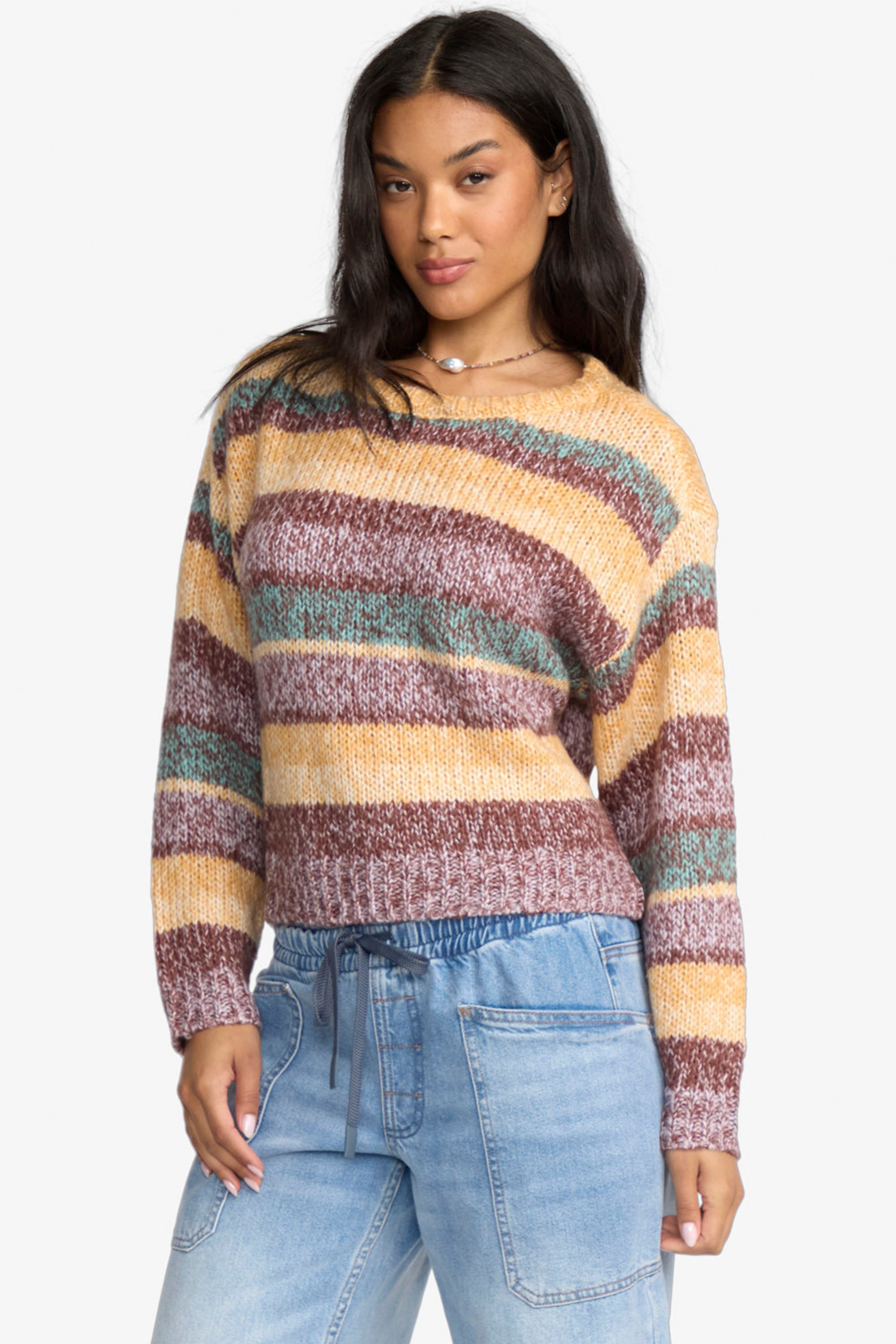 Happylifeshops Billabong So Spaced Out striped knit sweater beige cream tones relaxed fit surf style