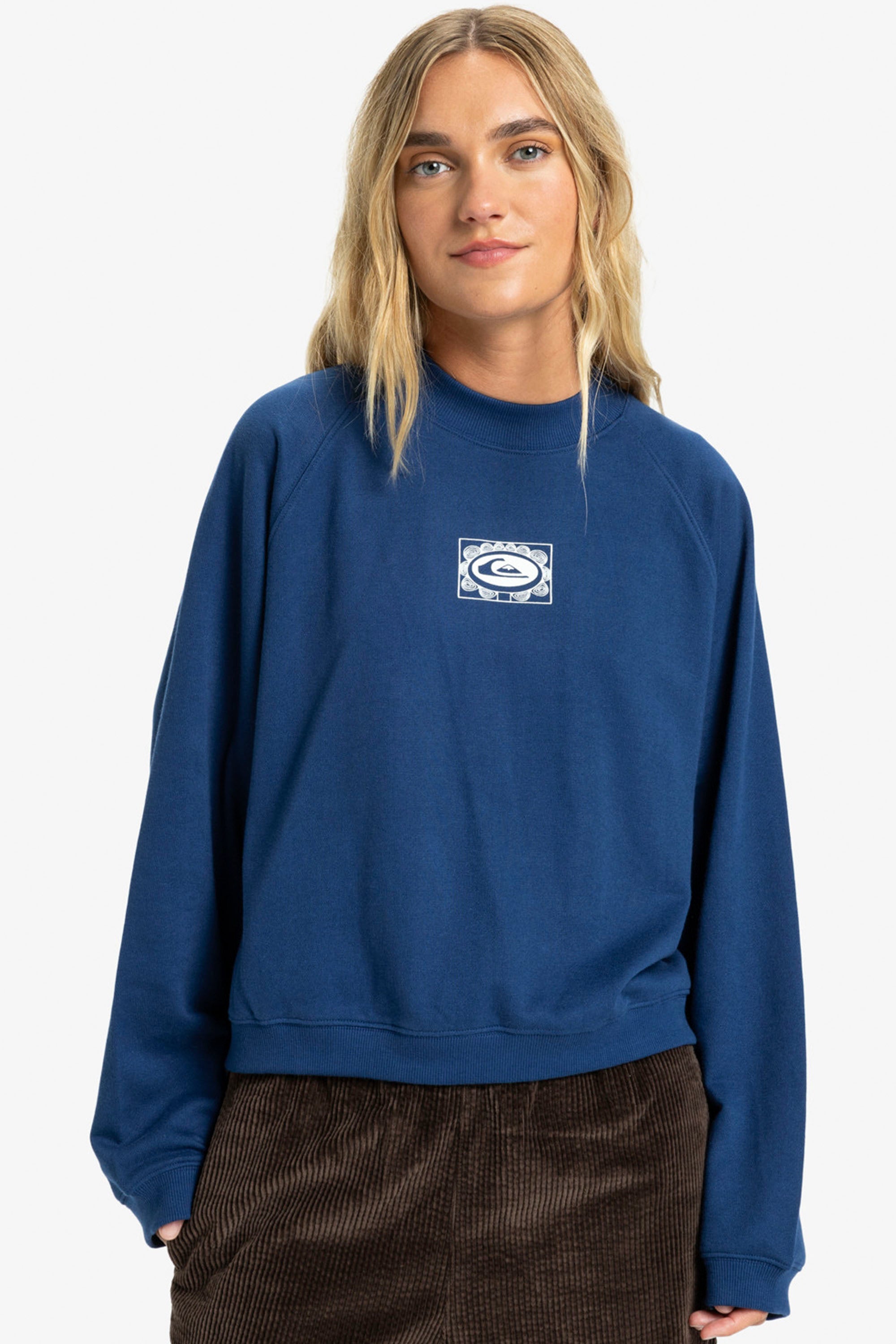 Happylifeshops Quiksilver women’s oversized crew sweatshirt estate blue vintage wash contrast prints