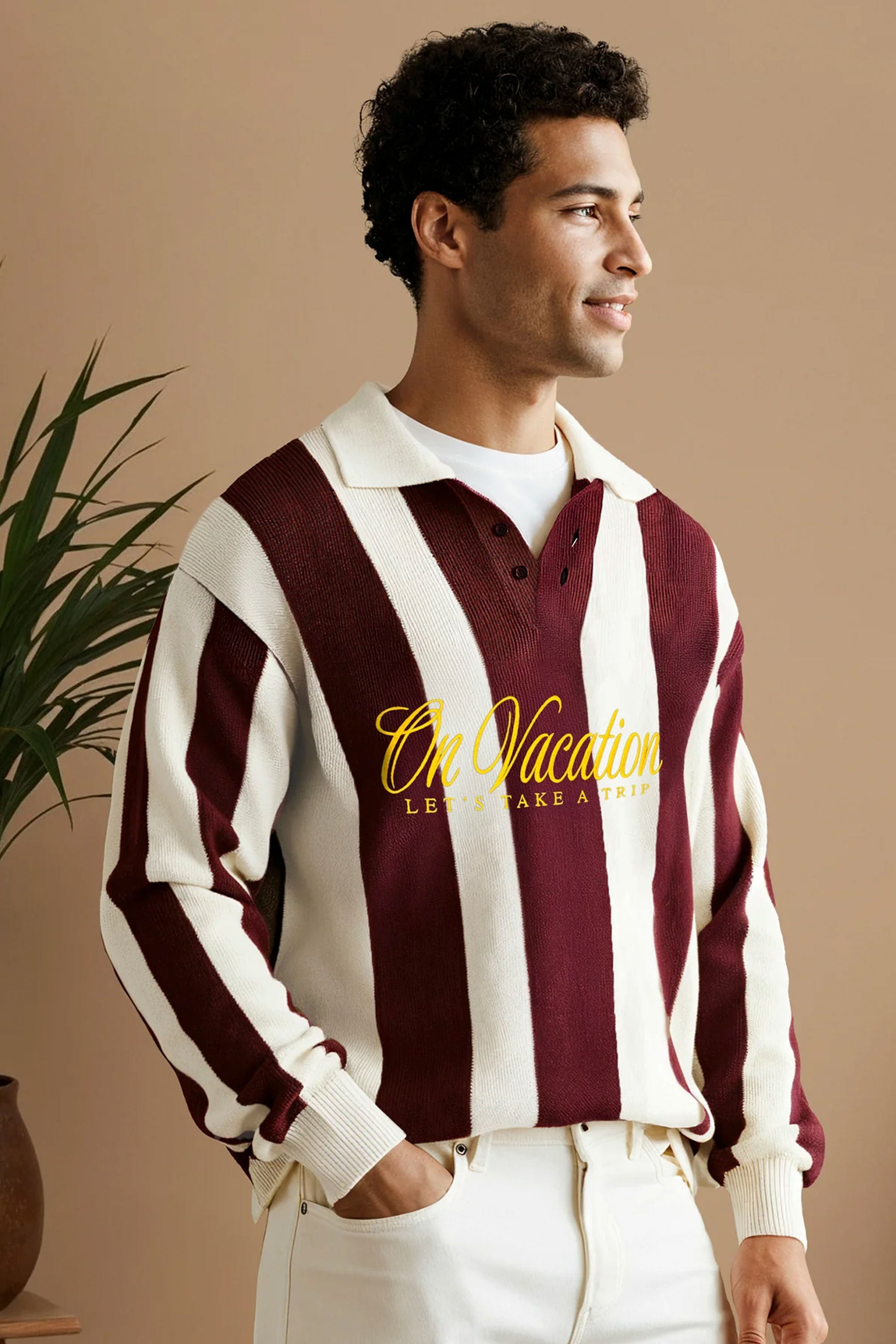 Pukas-Surf-Shop-Women-Sweater-On-Vacation-Lets-Take-A-Trip-Striped-Knit-Polo-Sweater-Burgundy-1